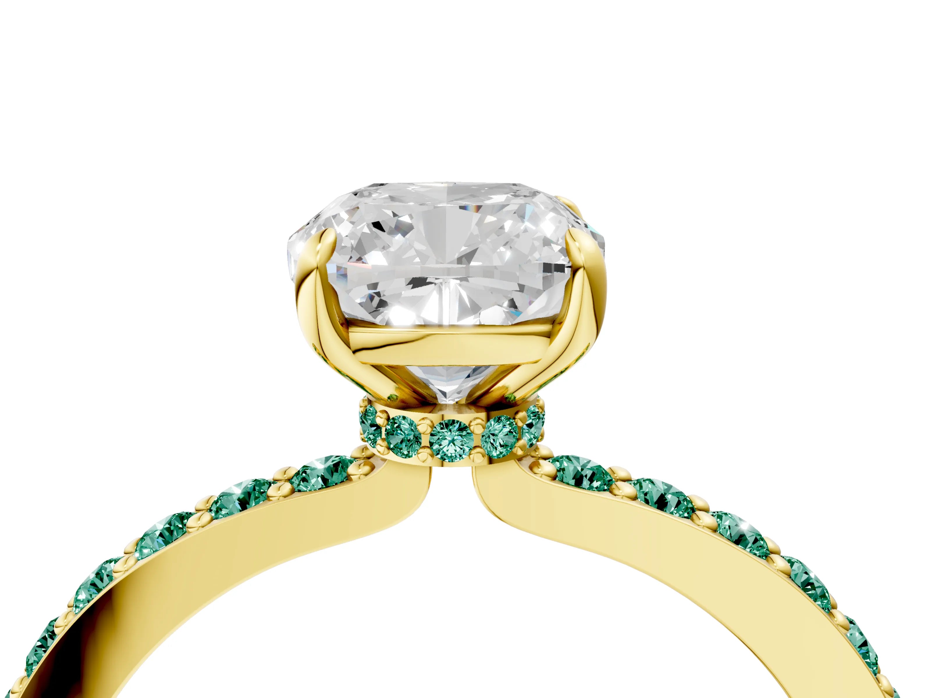 Yellow gold Cushion Cut Diamond Pavé Engagement Ring with Round with Green Sapphire side stone Accents and Prong Setting_4