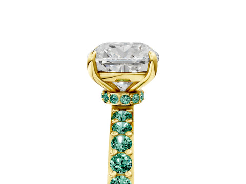 Yellow gold Cushion Cut Diamond Pavé Engagement Ring with Round with Green Sapphire side stone Accents and Prong Setting_5