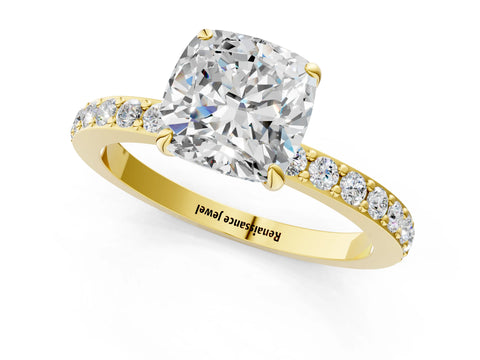 Yellow gold Cushion Cut Diamond Pavé Engagement Ring with Round with Moissanite side stone Accents and Prong Setting_1