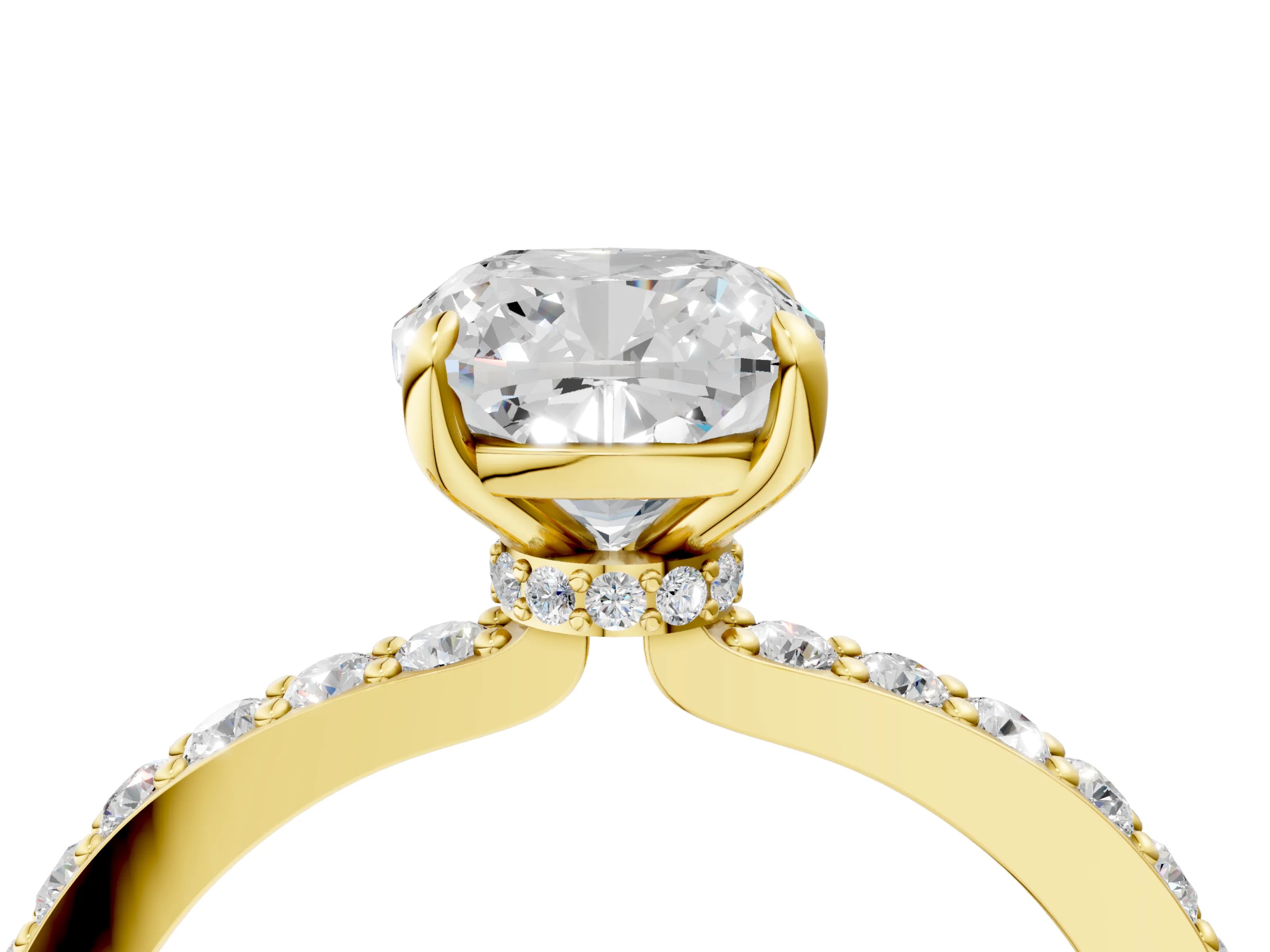 Yellow gold Cushion Cut Diamond Pavé Engagement Ring with Round with Moissanite side stone Accents and Prong Setting_4
