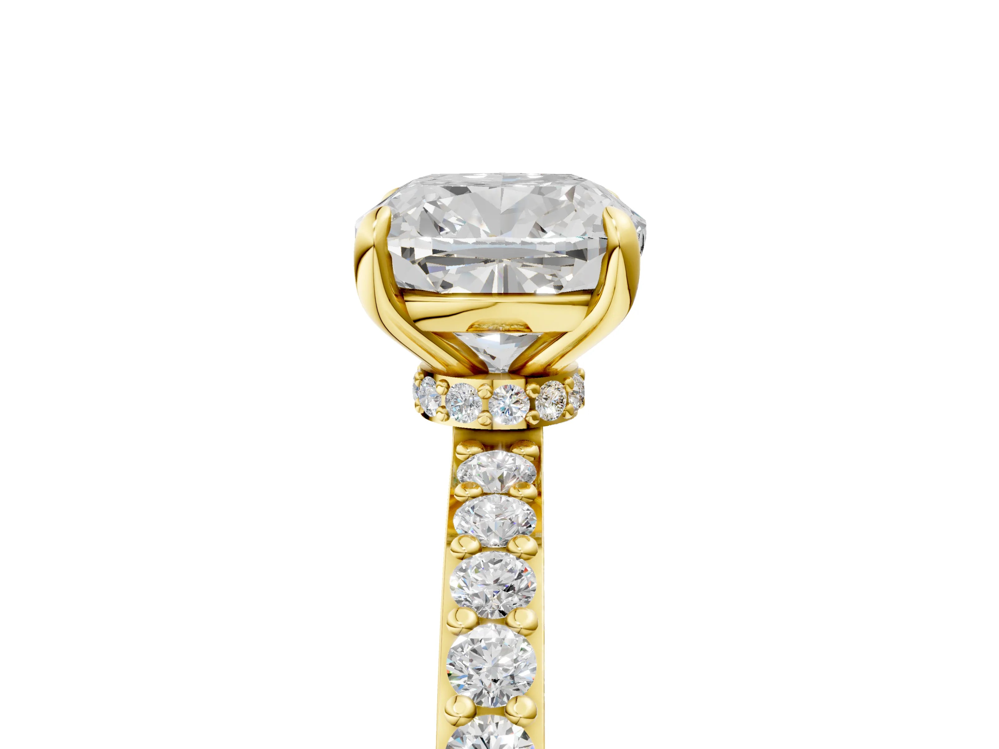 Yellow gold Cushion Cut Diamond Pavé Engagement Ring with Round with Moissanite side stone Accents and Prong Setting_5