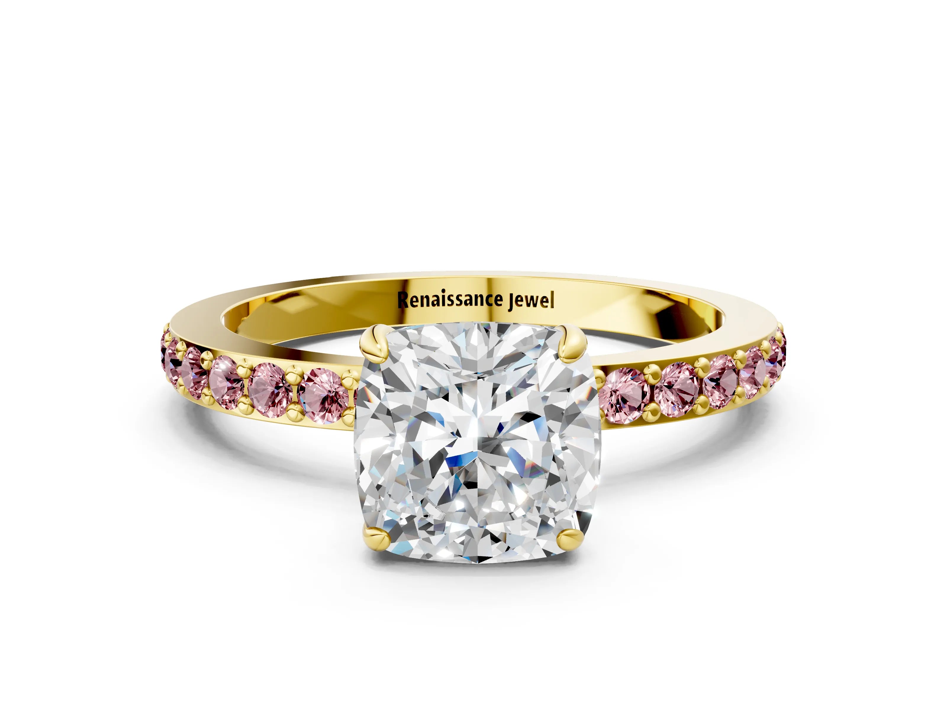 Yellow gold Cushion Cut Diamond Pavé Engagement Ring with Round with Morganite side stone Accents and Prong Setting