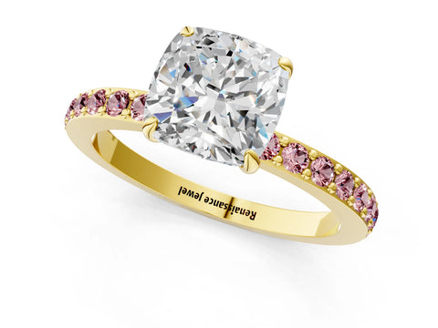Yellow gold Cushion Cut Diamond Pavé Engagement Ring with Round with Morganite side stone Accents and Prong Setting_1