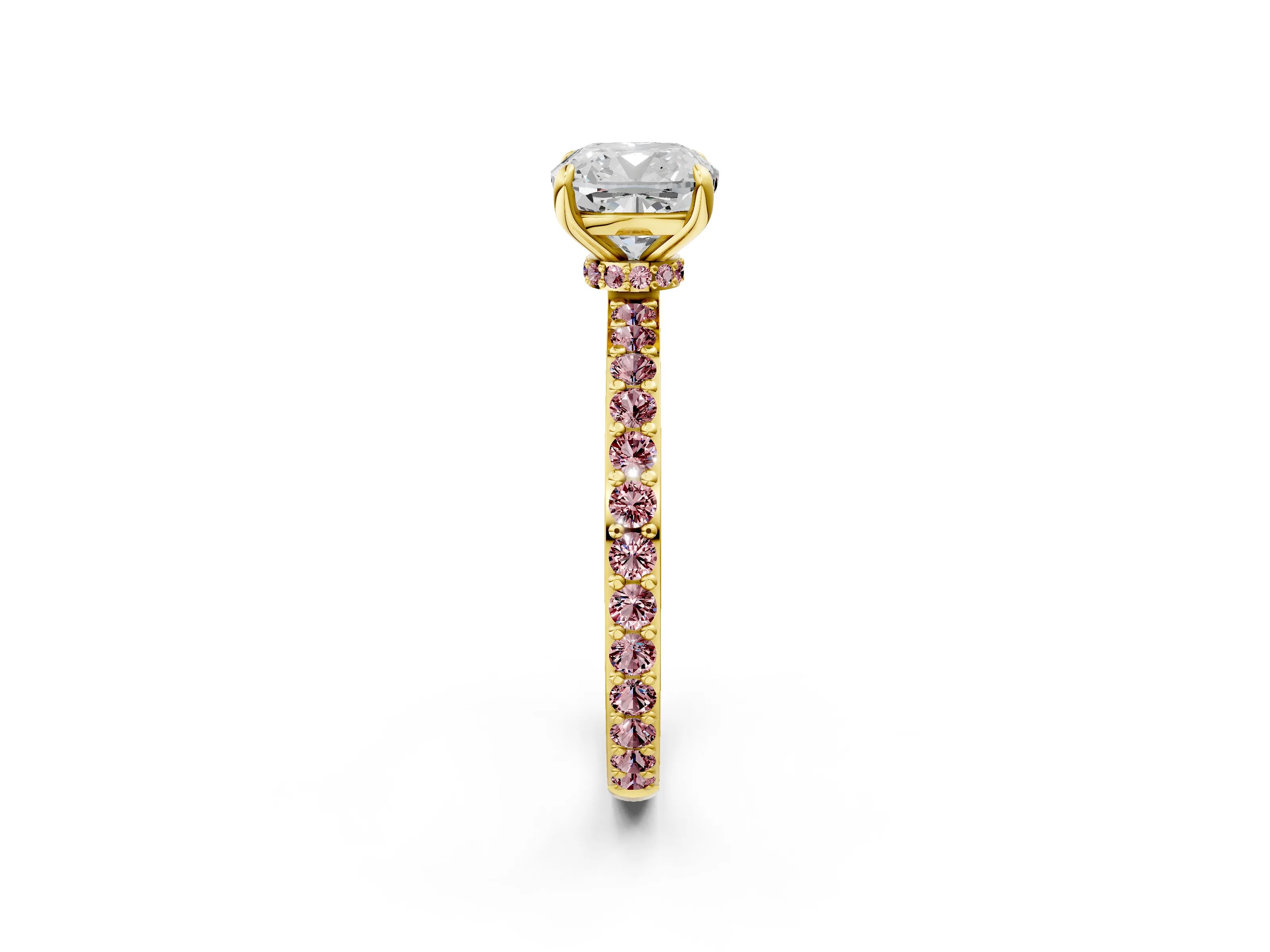 Yellow gold Cushion Cut Diamond Pavé Engagement Ring with Round with Morganite side stone Accents and Prong Setting_2