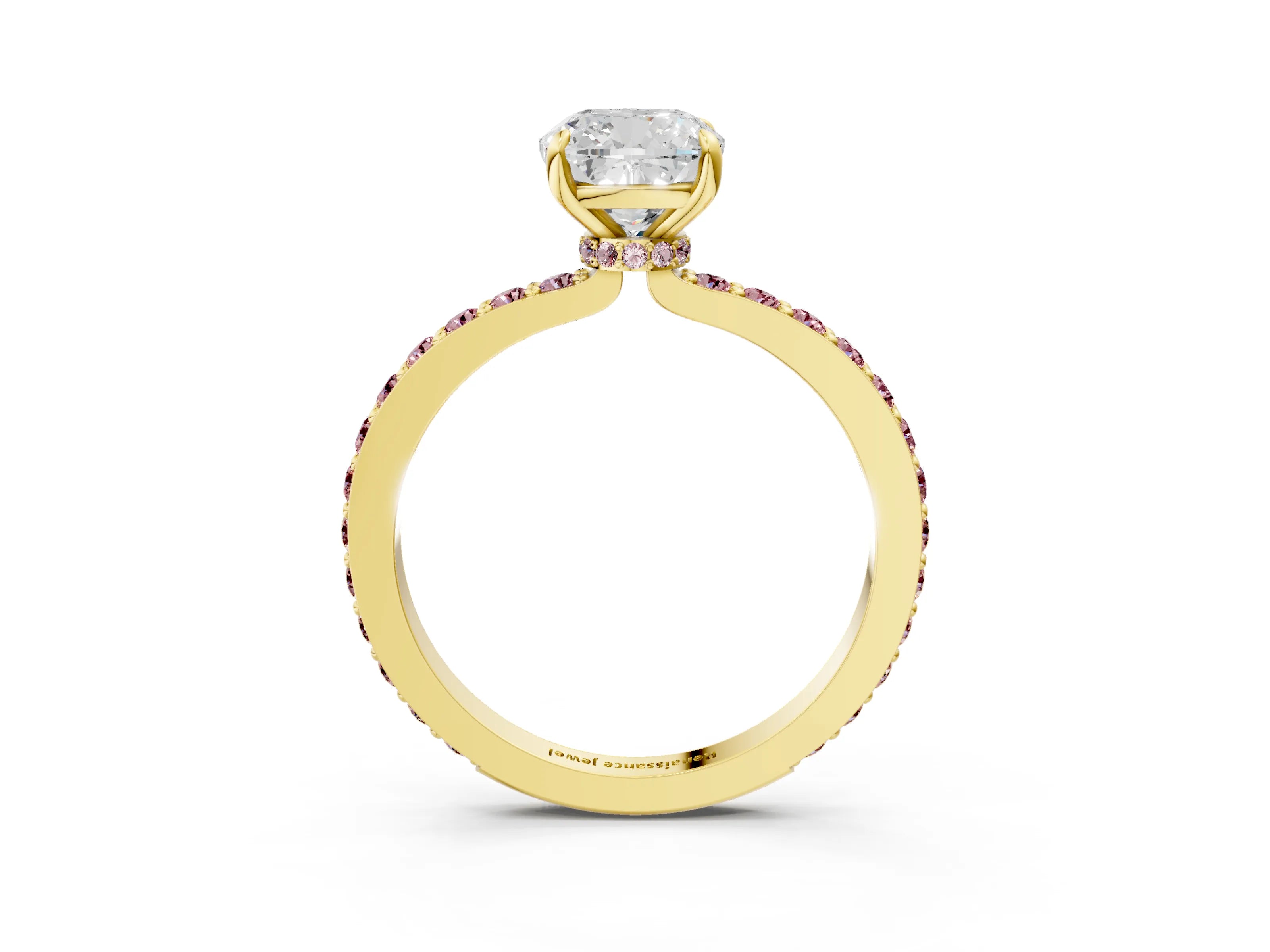 Yellow gold Cushion Cut Diamond Pavé Engagement Ring with Round with Morganite side stone Accents and Prong Setting_3