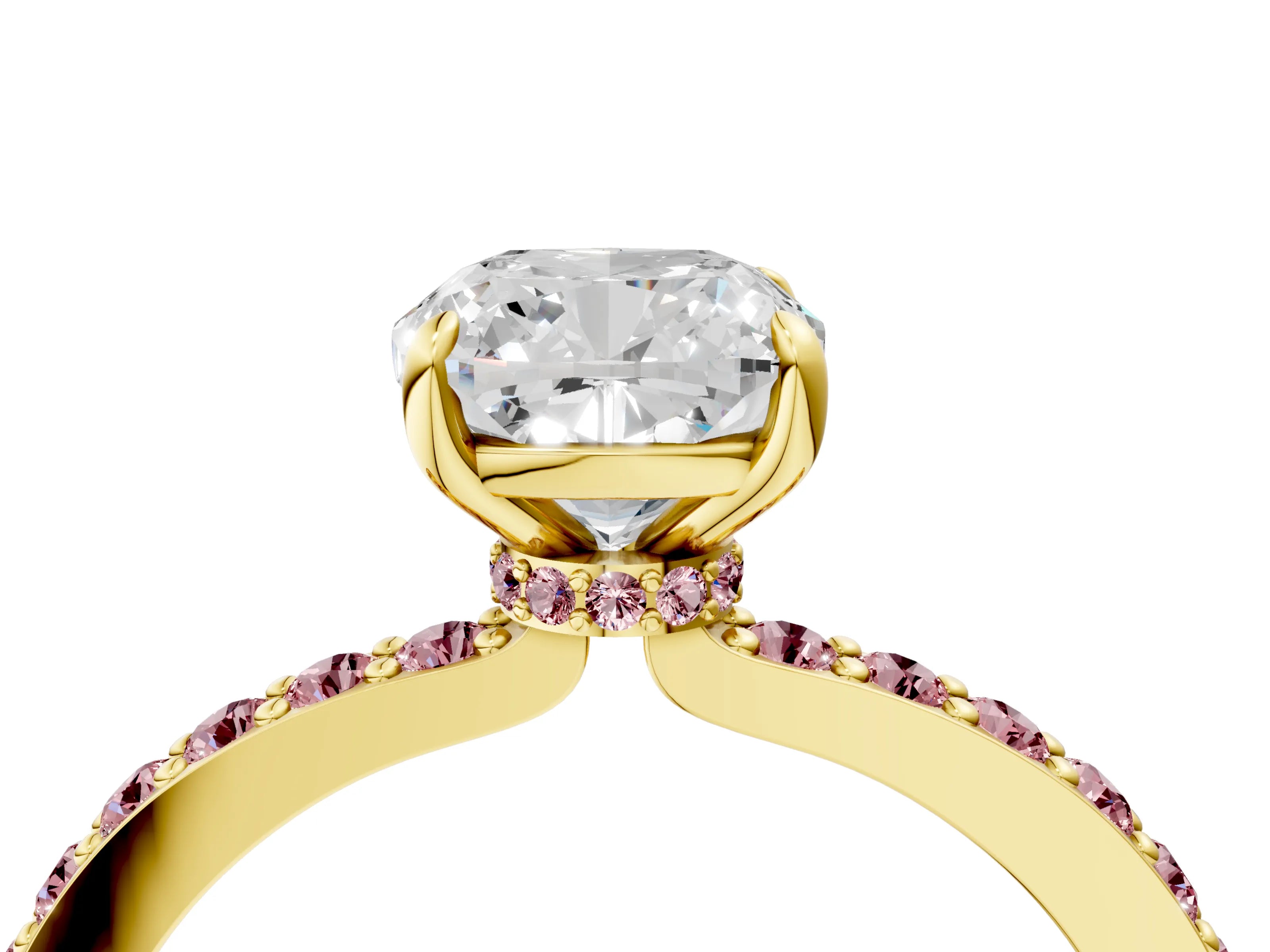 Yellow gold Cushion Cut Diamond Pavé Engagement Ring with Round with Morganite side stone Accents and Prong Setting_4