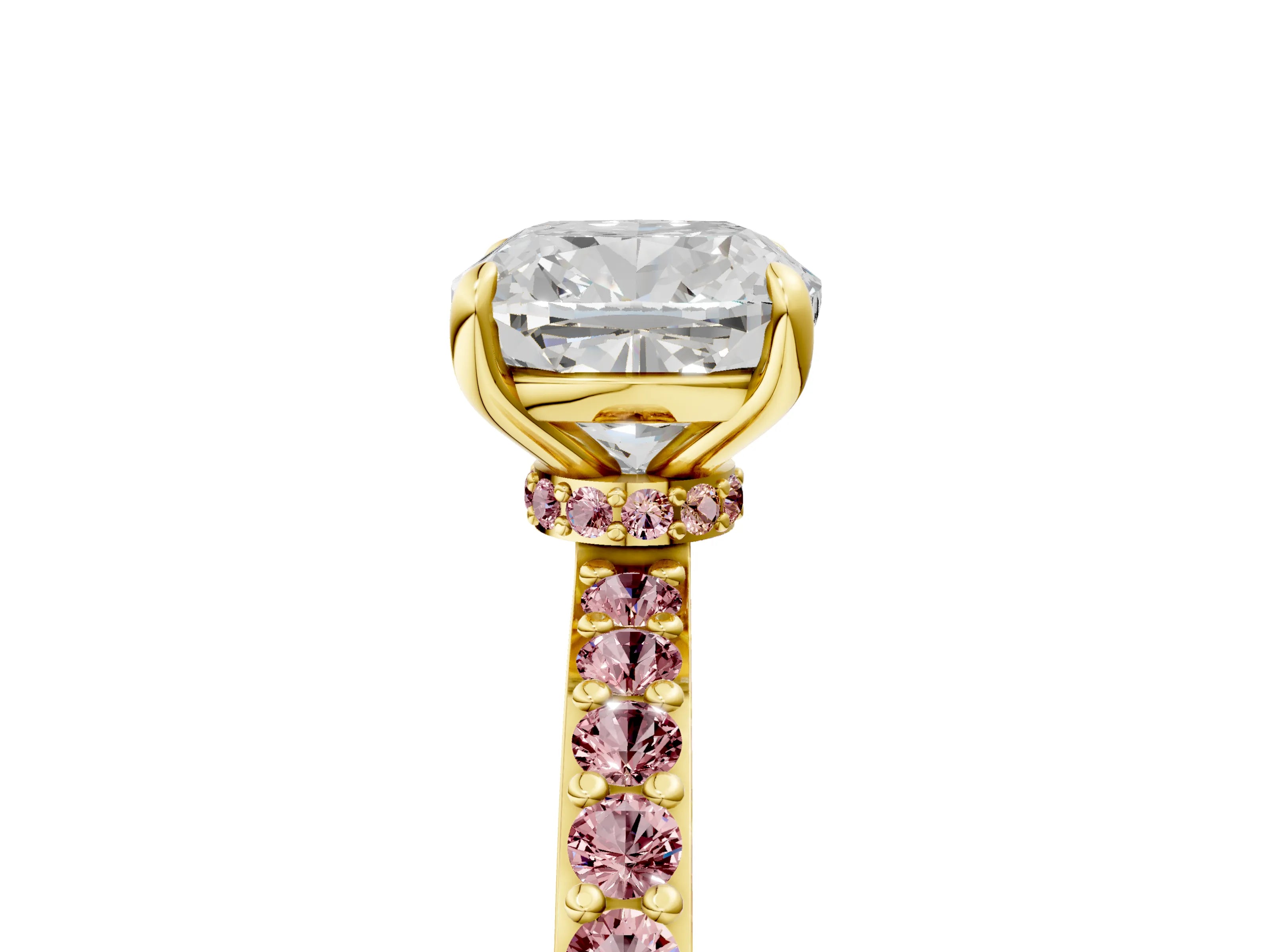 Yellow gold Cushion Cut Diamond Pavé Engagement Ring with Round with Morganite side stone Accents and Prong Setting_5