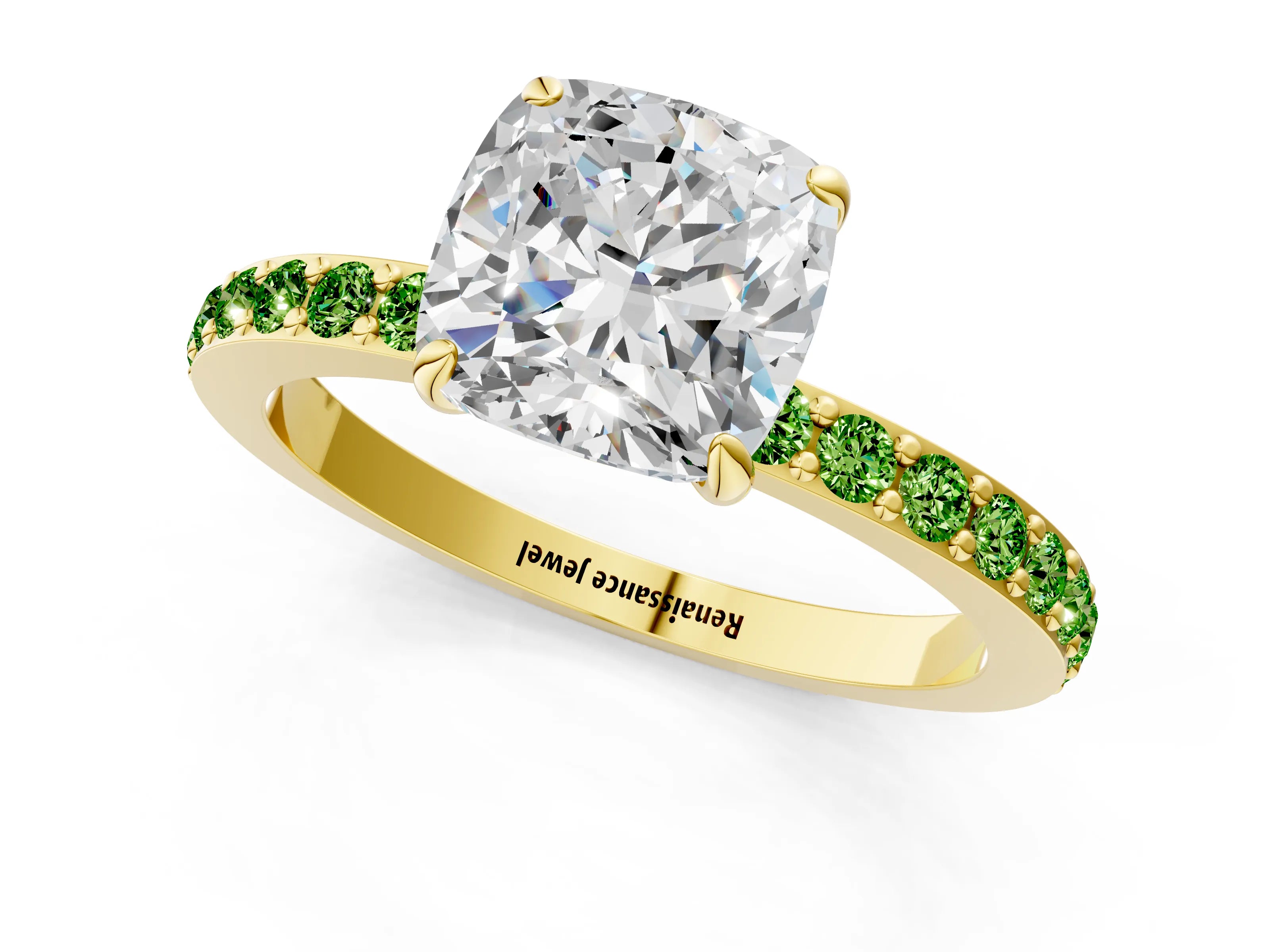 Yellow gold Cushion Cut Diamond Pavé Engagement Ring with Round with Peridot side stone Accents and Prong Setting_1