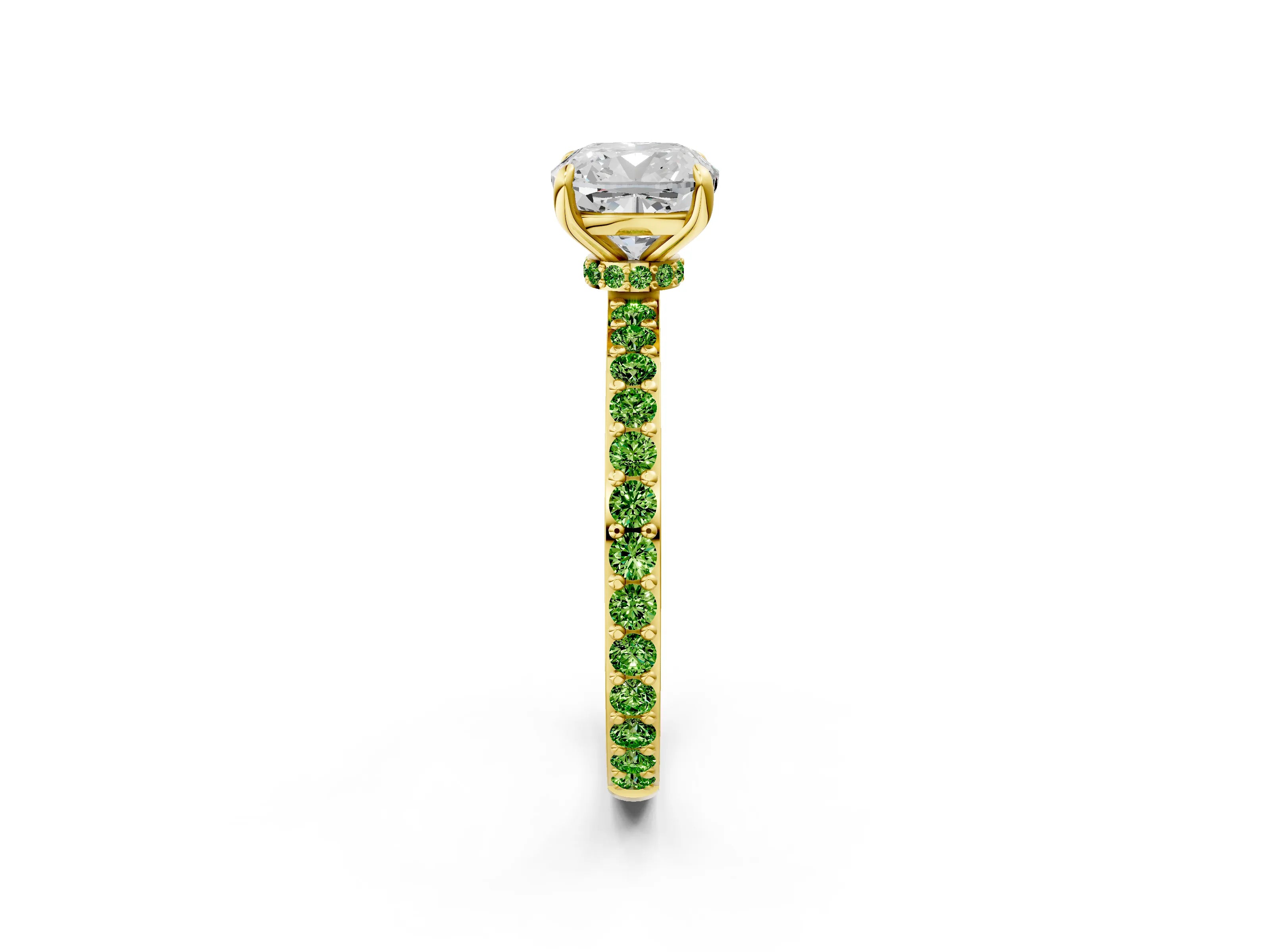 Yellow gold Cushion Cut Diamond Pavé Engagement Ring with Round with Peridot side stone Accents and Prong Setting_2