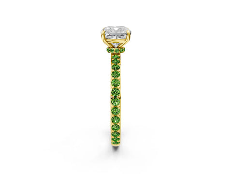 Yellow gold Cushion Cut Diamond Pavé Engagement Ring with Round with Peridot side stone Accents and Prong Setting_2