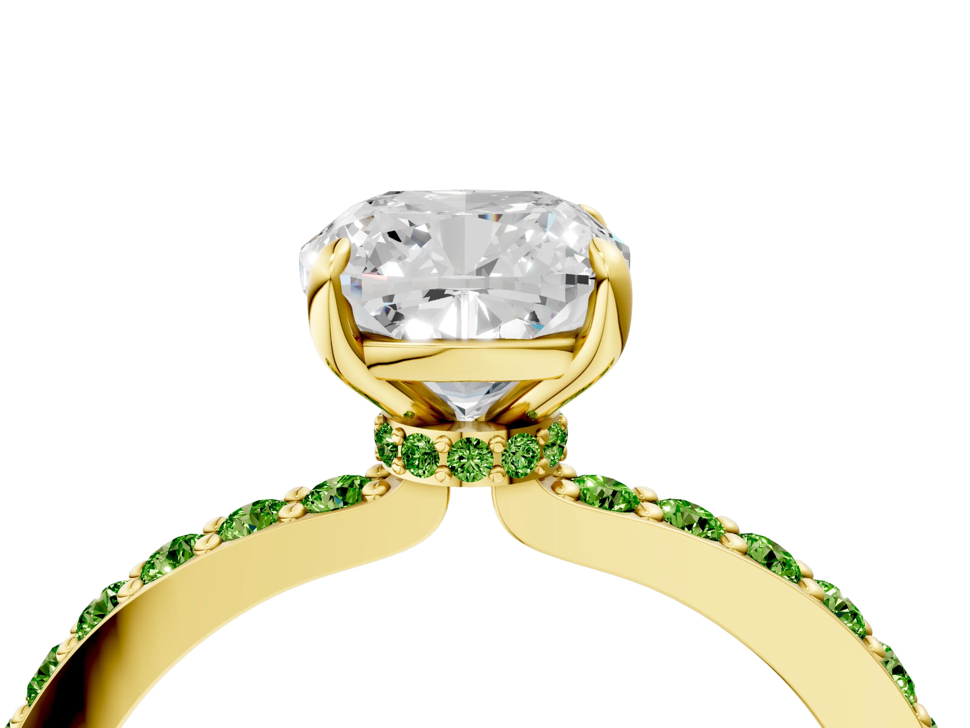 Yellow gold Cushion Cut Diamond Pavé Engagement Ring with Round with Peridot side stone Accents and Prong Setting_4