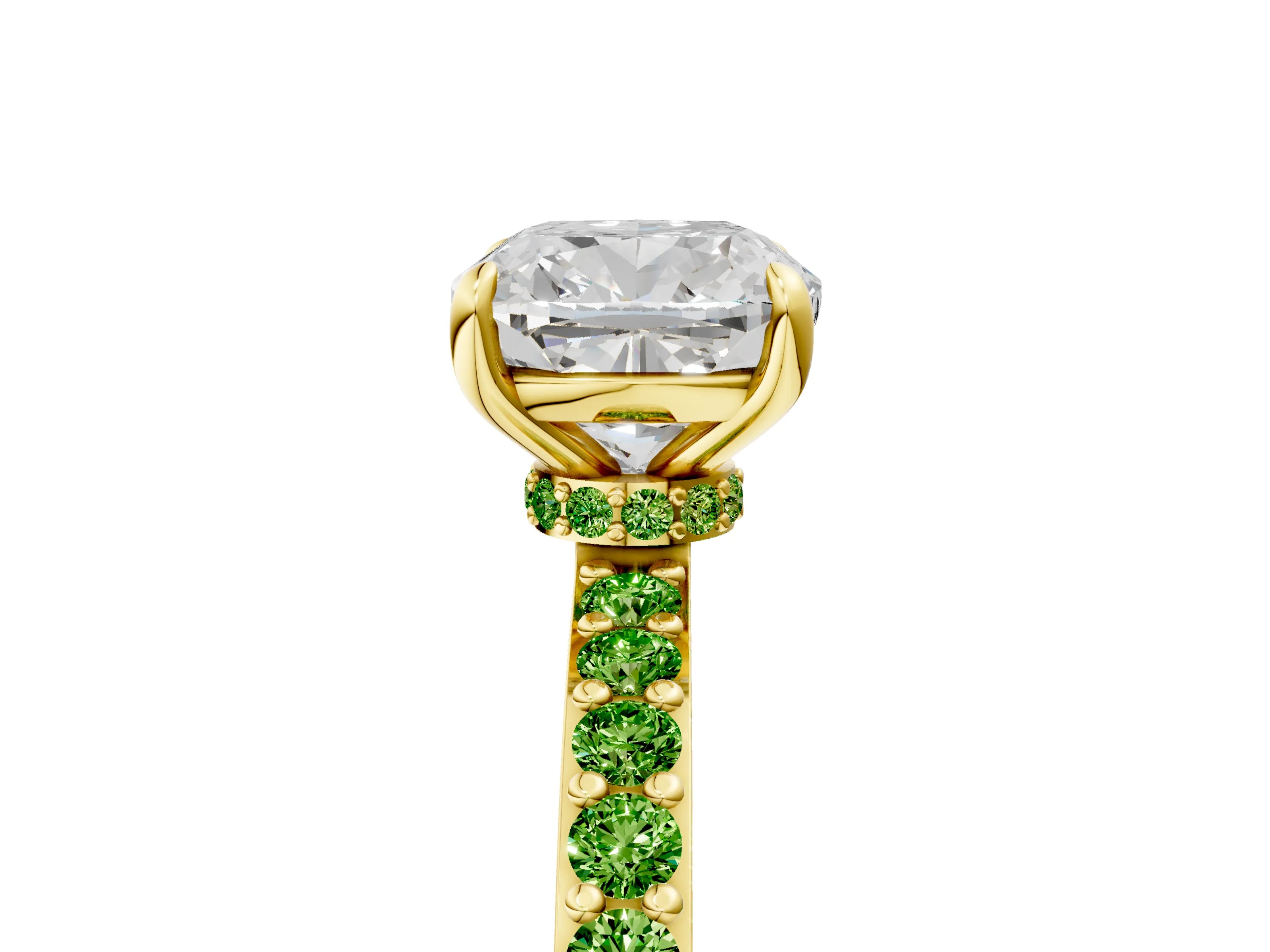 Yellow gold Cushion Cut Diamond Pavé Engagement Ring with Round with Peridot side stone Accents and Prong Setting_5
