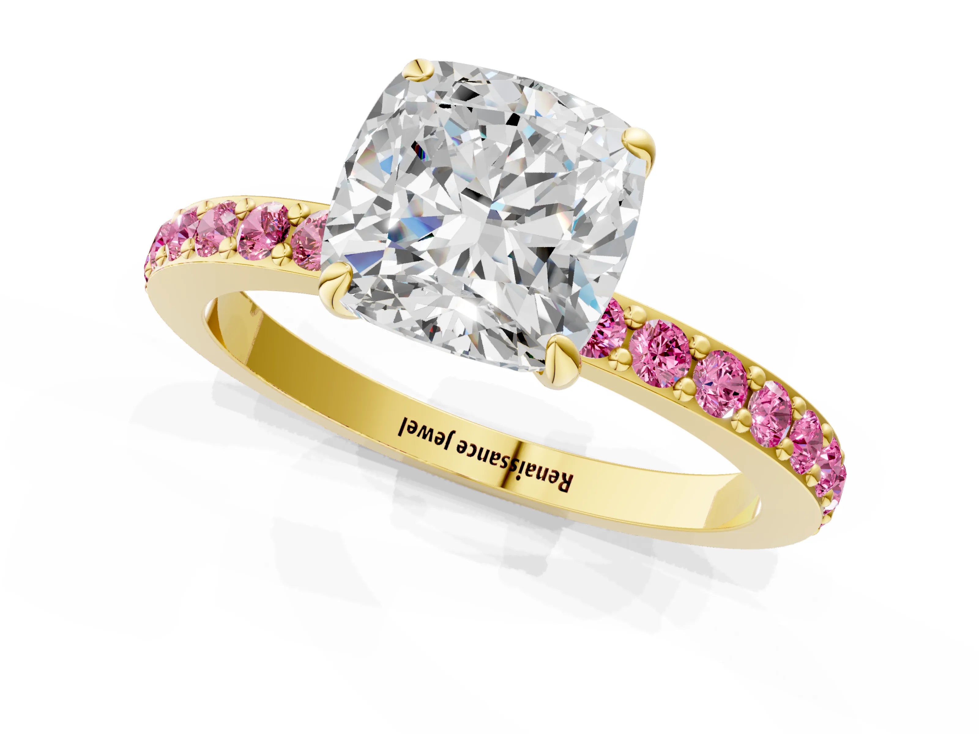 Yellow gold Cushion Cut Diamond Pavé Engagement Ring with Round with Pink Sapphire side stone Accents and Prong Setting_1