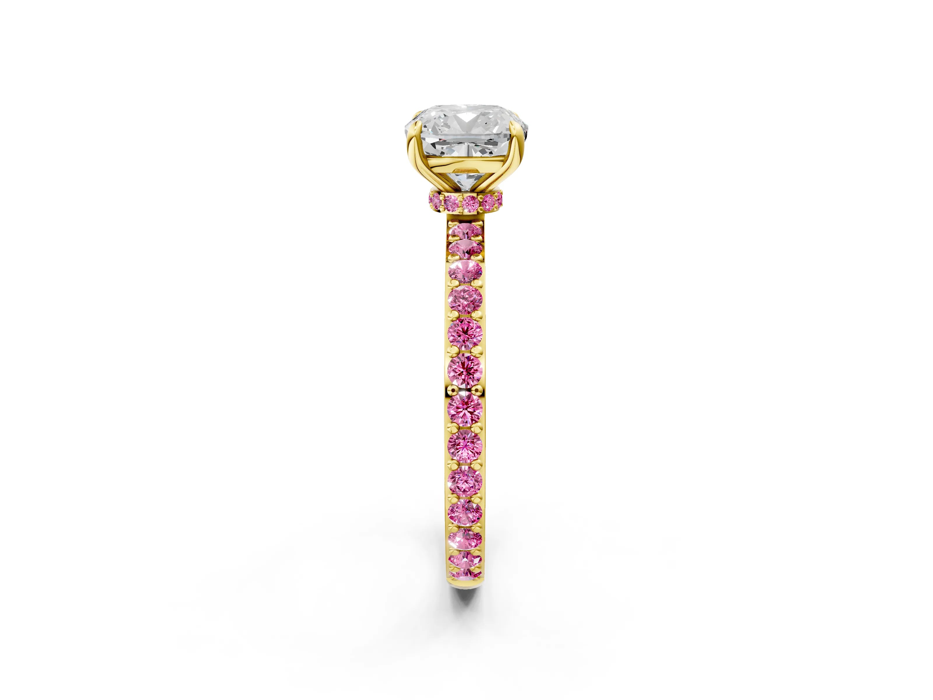 Yellow gold Cushion Cut Diamond Pavé Engagement Ring with Round with Pink Sapphire side stone Accents and Prong Setting_2