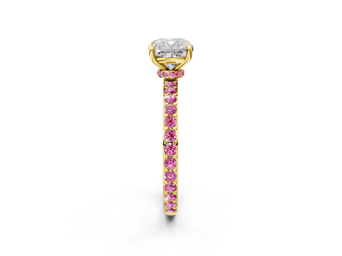 Yellow gold Cushion Cut Diamond Pavé Engagement Ring with Round with Pink Sapphire side stone Accents and Prong Setting_2