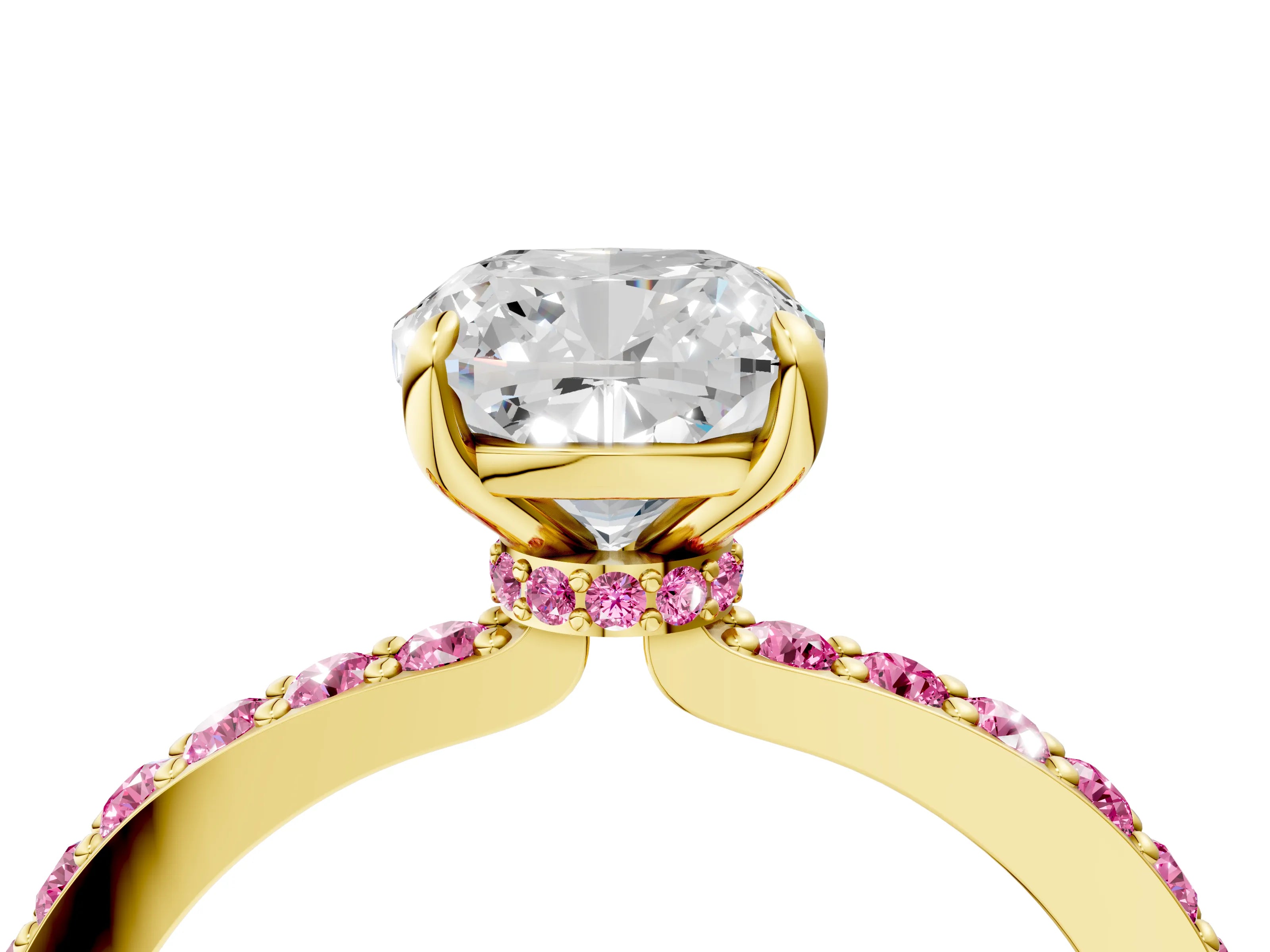 Yellow gold Cushion Cut Diamond Pavé Engagement Ring with Round with Pink Sapphire side stone Accents and Prong Setting_4