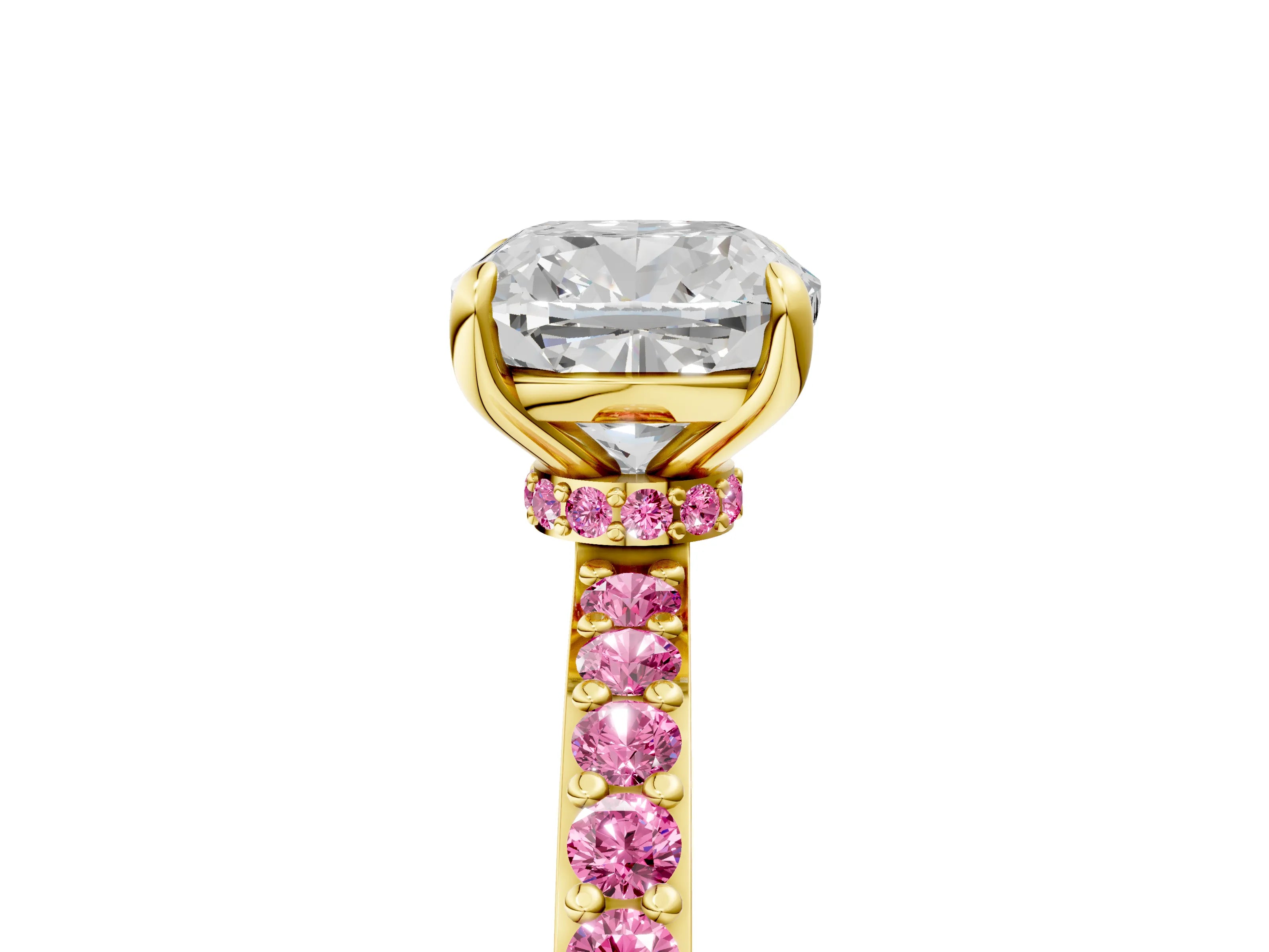 Yellow gold Cushion Cut Diamond Pavé Engagement Ring with Round with Pink Sapphire side stone Accents and Prong Setting_5