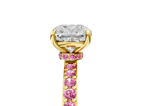 Yellow gold Cushion Cut Diamond Pavé Engagement Ring with Round with Pink Sapphire side stone Accents and Prong Setting_5