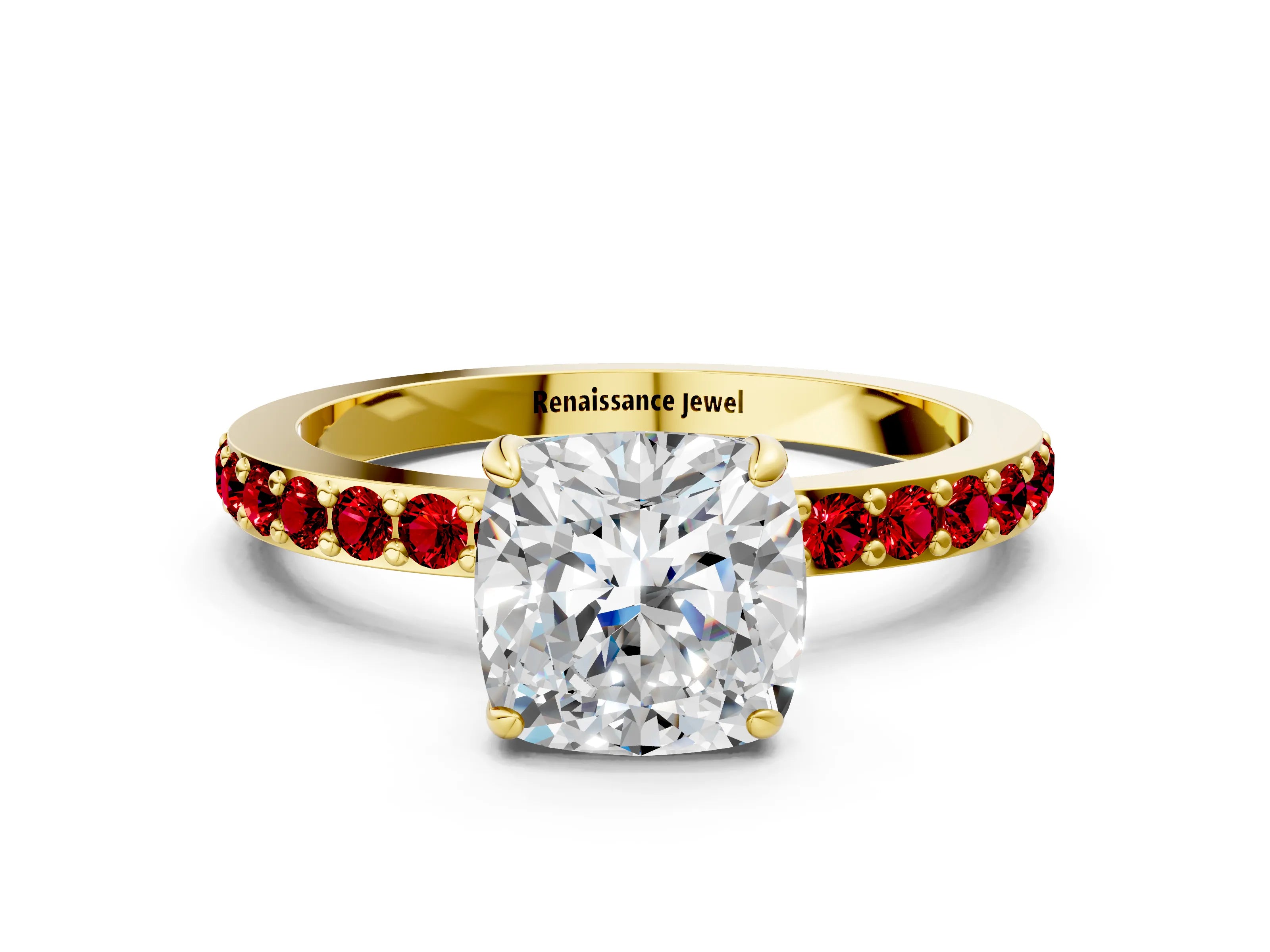 Yellow gold Cushion Cut Diamond Pavé Engagement Ring with Round with Ruby side stone Accents and Prong Setting