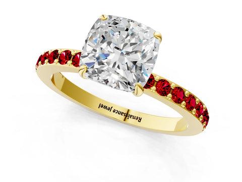 Yellow gold Cushion Cut Diamond Pavé Engagement Ring with Round with Ruby side stone Accents and Prong Setting_1