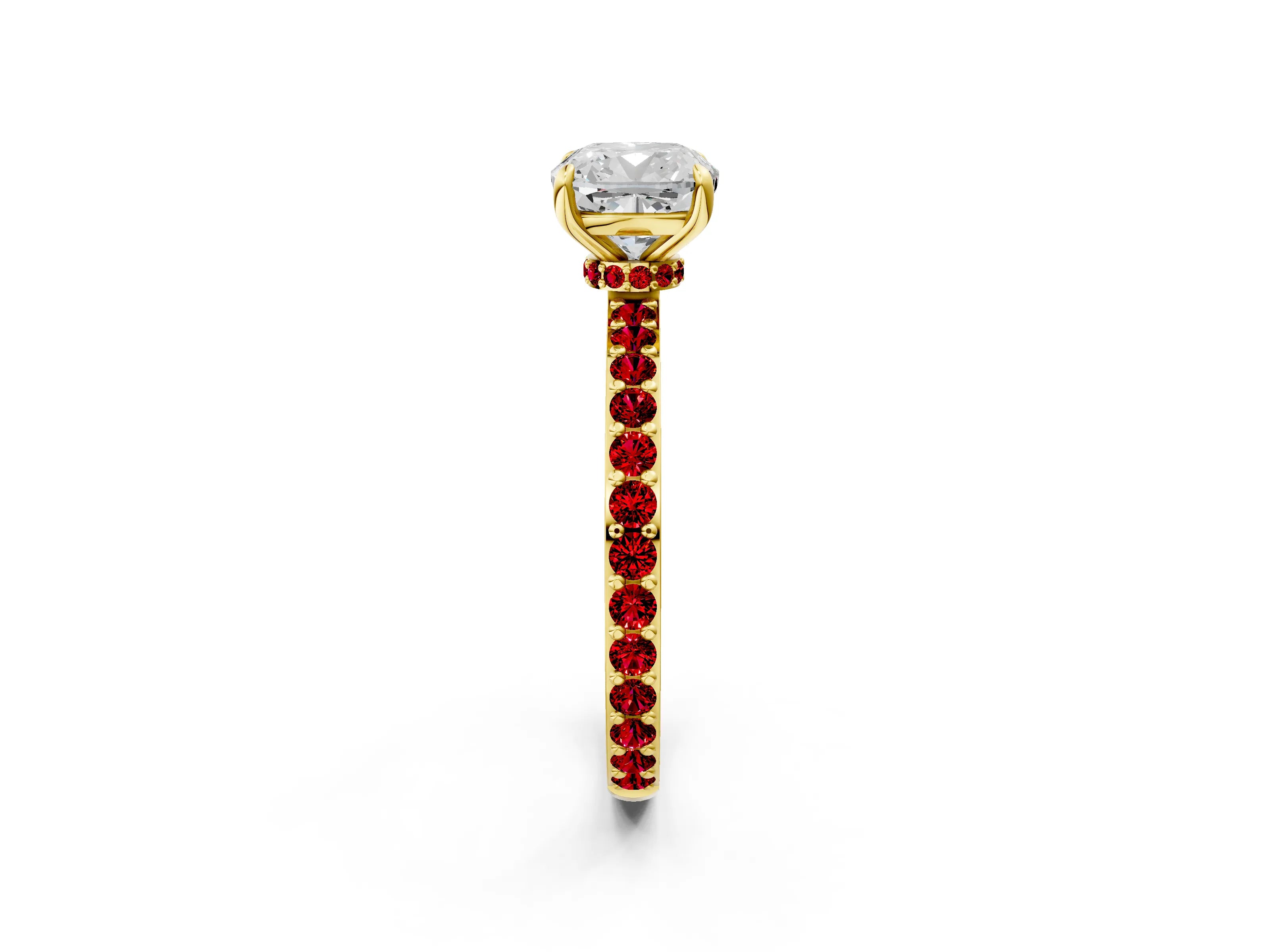 Yellow gold Cushion Cut Diamond Pavé Engagement Ring with Round with Ruby side stone Accents and Prong Setting_2