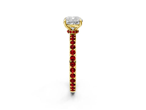Yellow gold Cushion Cut Diamond Pavé Engagement Ring with Round with Ruby side stone Accents and Prong Setting_2