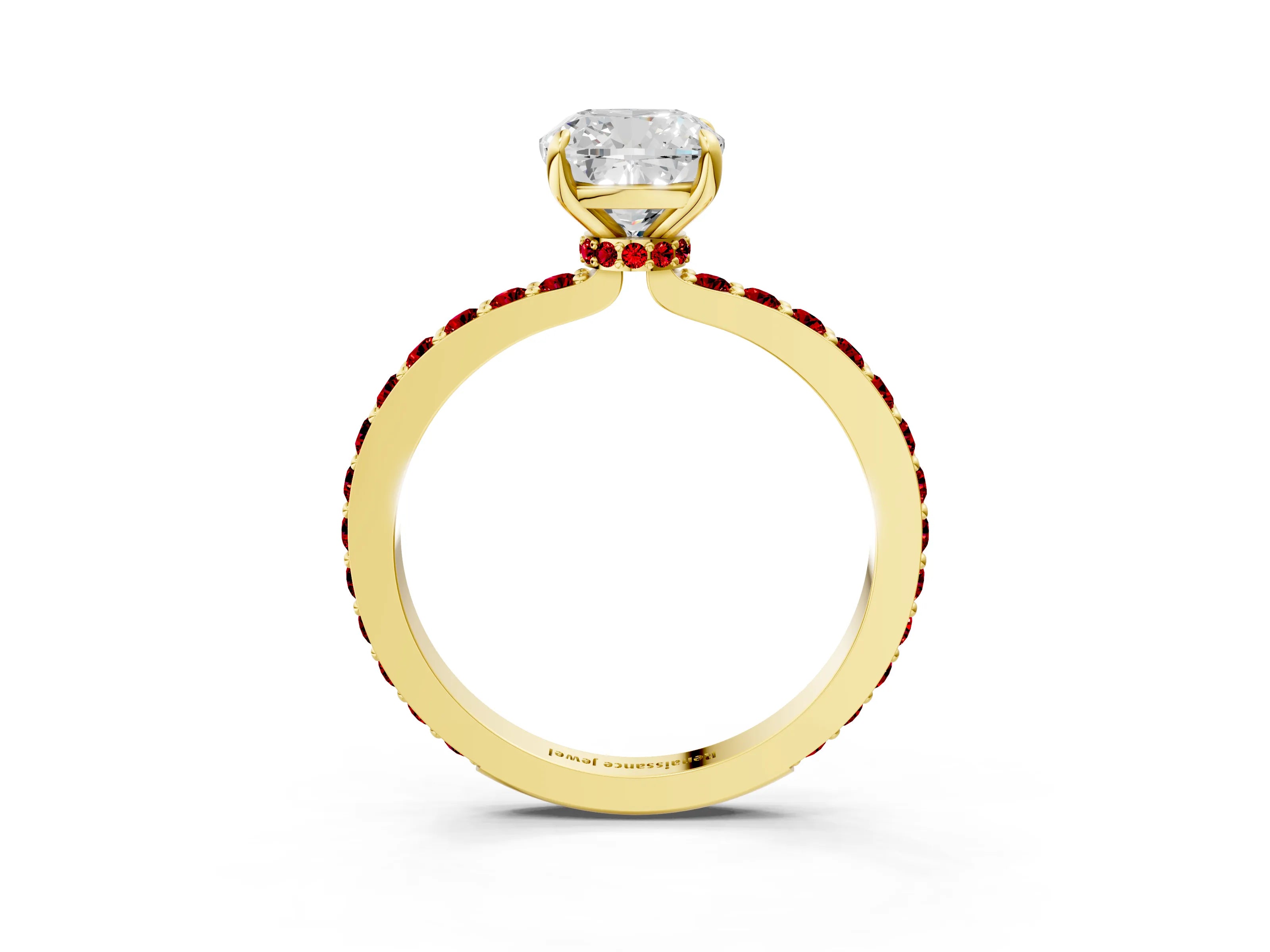 Yellow gold Cushion Cut Diamond Pavé Engagement Ring with Round with Ruby side stone Accents and Prong Setting_3