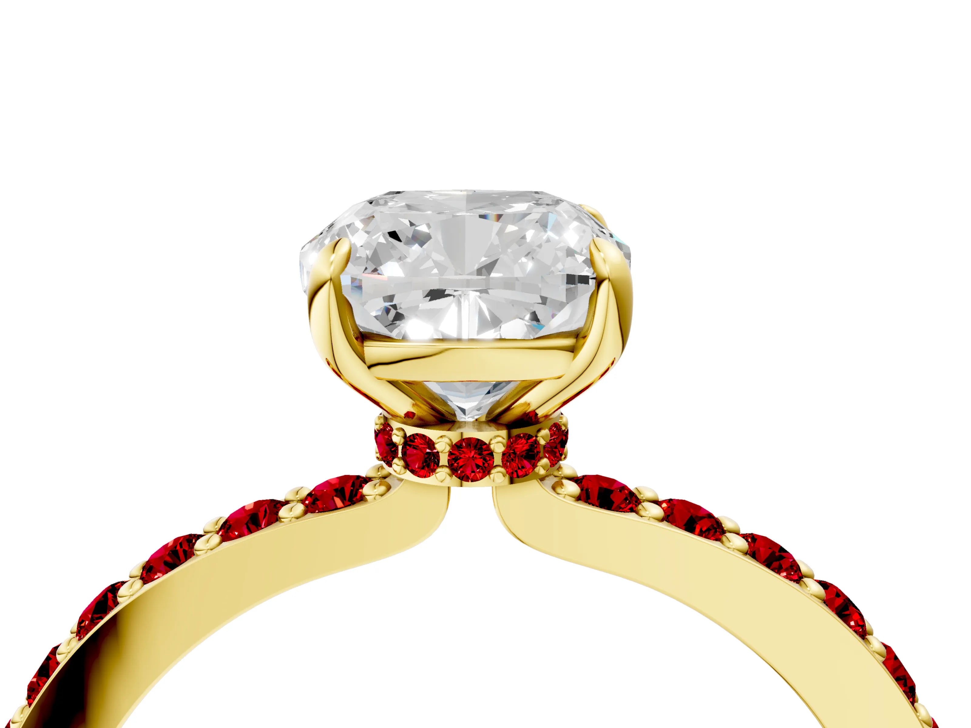 Yellow gold Cushion Cut Diamond Pavé Engagement Ring with Round with Ruby side stone Accents and Prong Setting_4