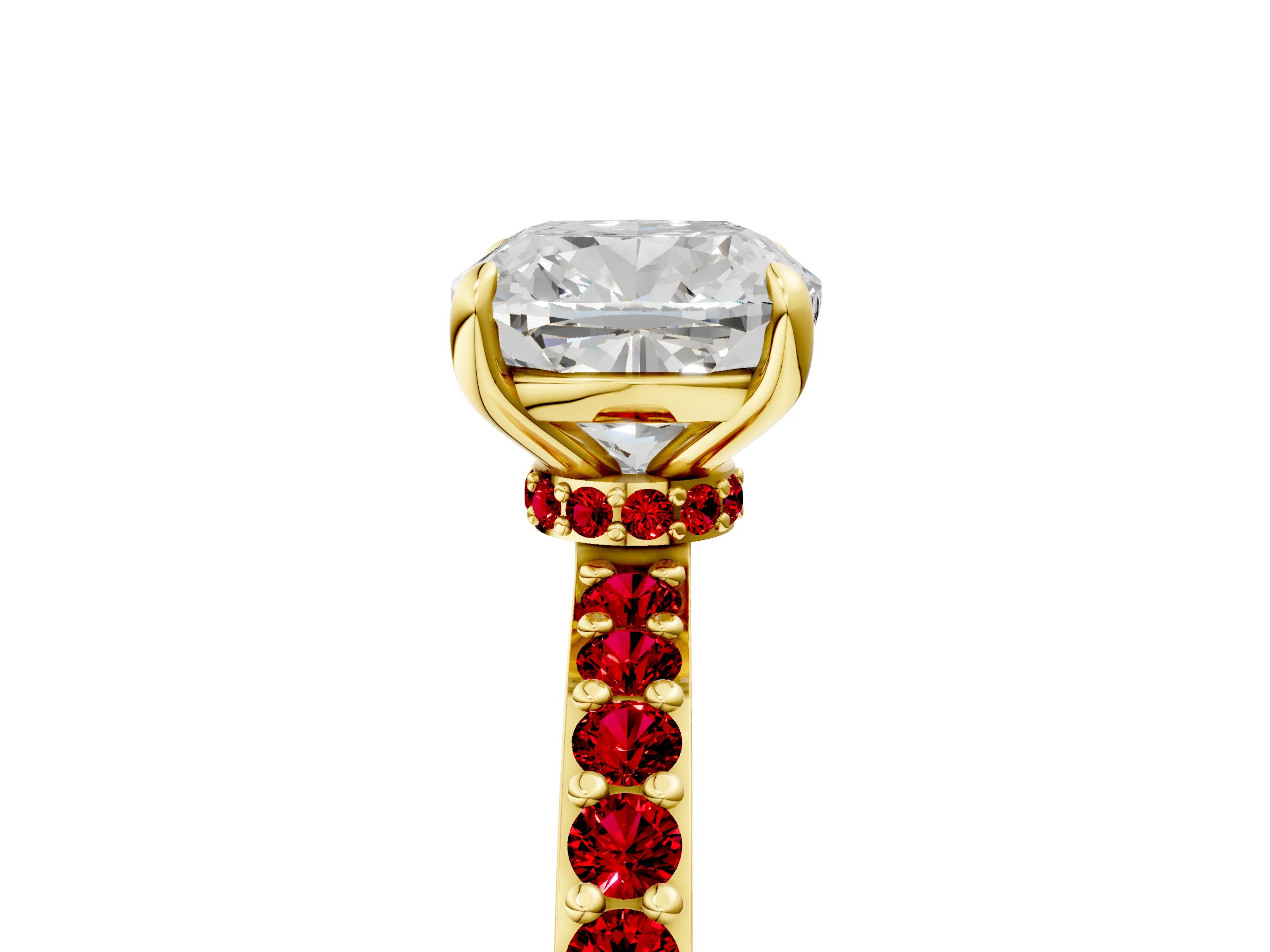 Yellow gold Cushion Cut Diamond Pavé Engagement Ring with Round with Ruby side stone Accents and Prong Setting_5