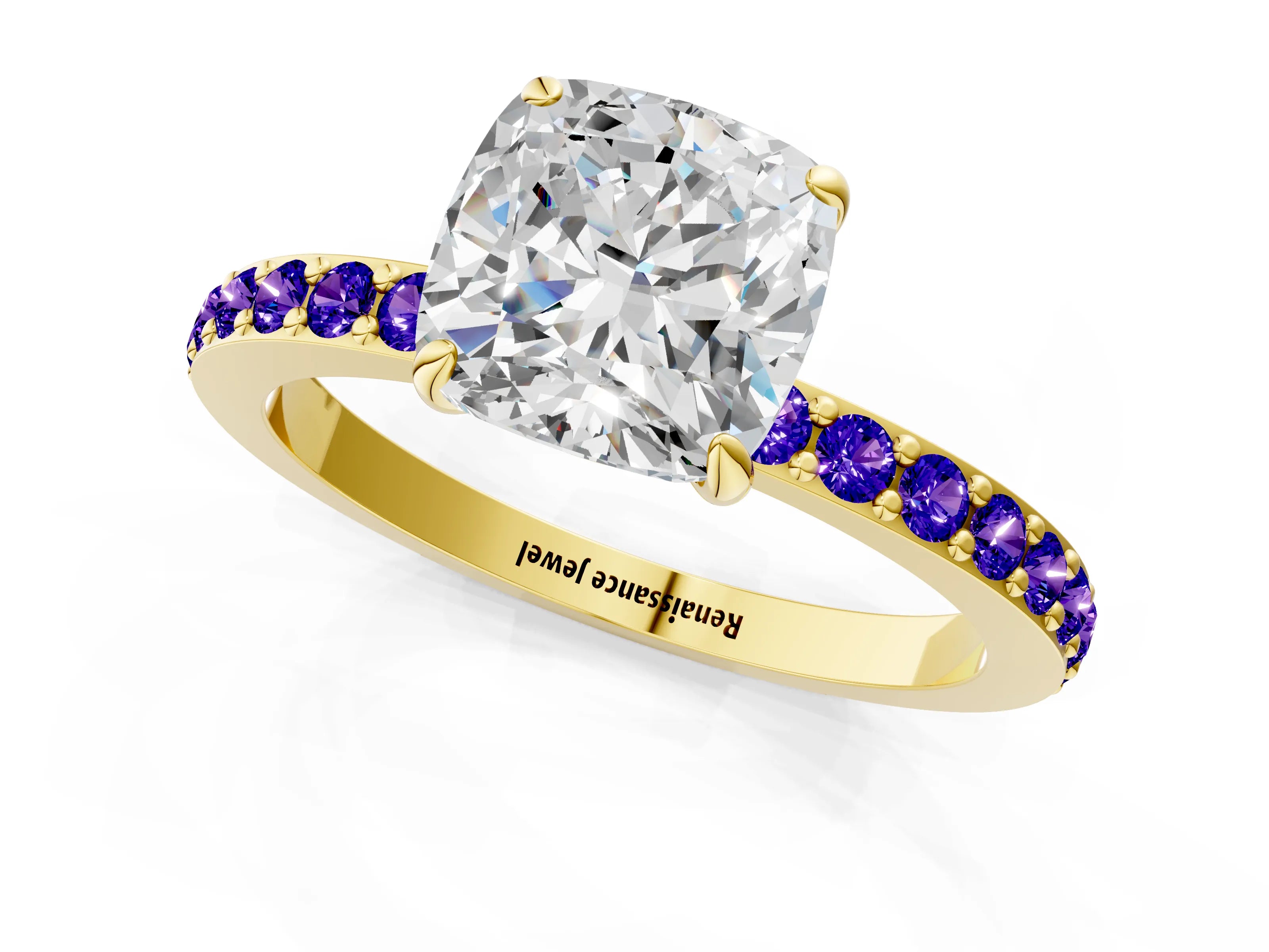 Yellow gold Cushion Cut Diamond Pavé Engagement Ring with Round with Tanzanite side stone Accents and Prong Setting_1