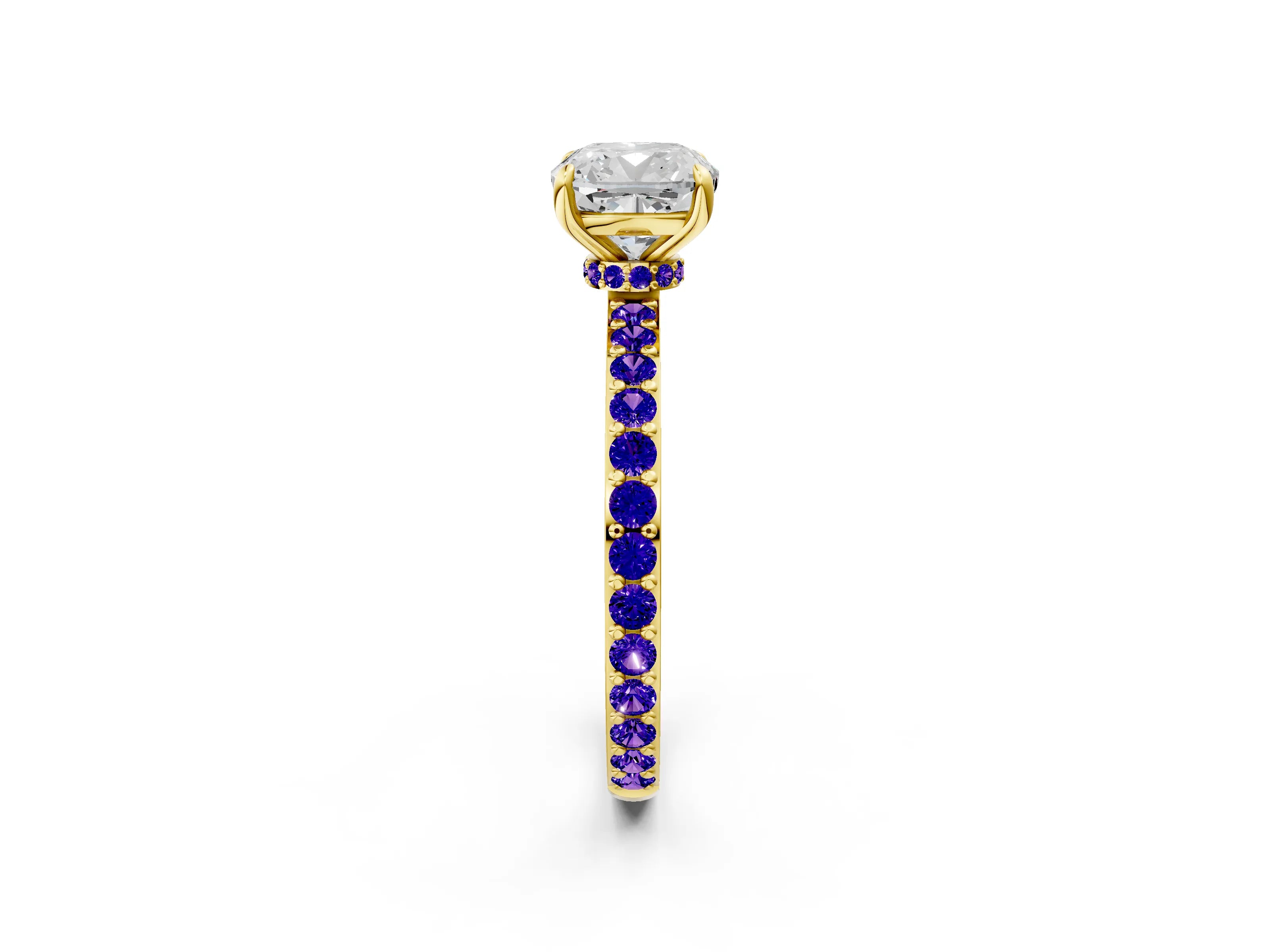 Yellow gold Cushion Cut Diamond Pavé Engagement Ring with Round with Tanzanite side stone Accents and Prong Setting_2