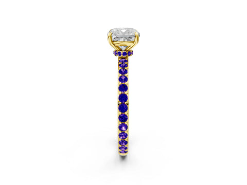 Yellow gold Cushion Cut Diamond Pavé Engagement Ring with Round with Tanzanite side stone Accents and Prong Setting_2