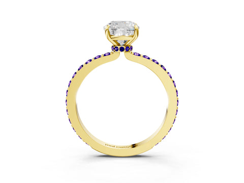 Yellow gold Cushion Cut Diamond Pavé Engagement Ring with Round with Tanzanite side stone Accents and Prong Setting_3