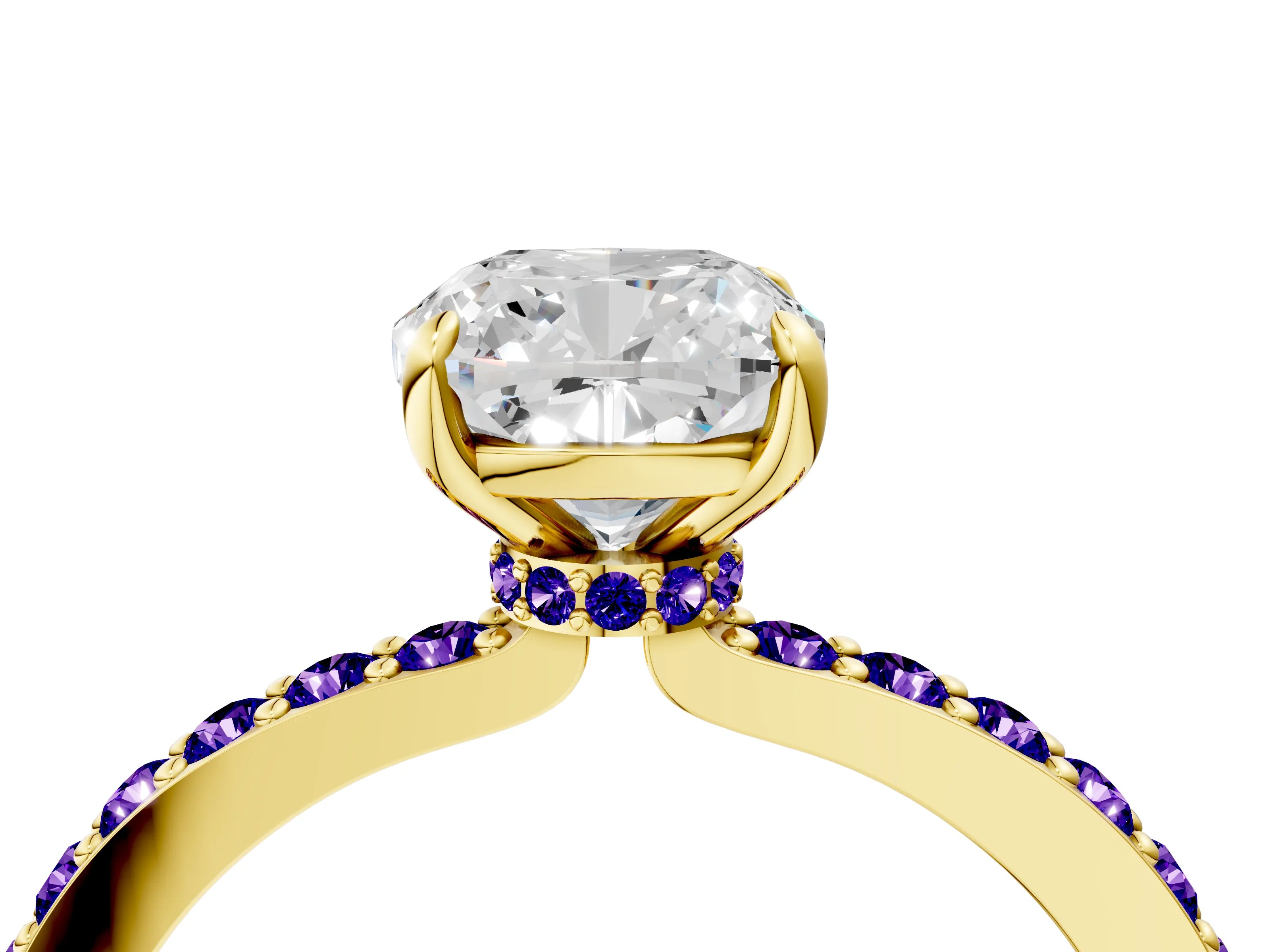 Yellow gold Cushion Cut Diamond Pavé Engagement Ring with Round with Tanzanite side stone Accents and Prong Setting_4