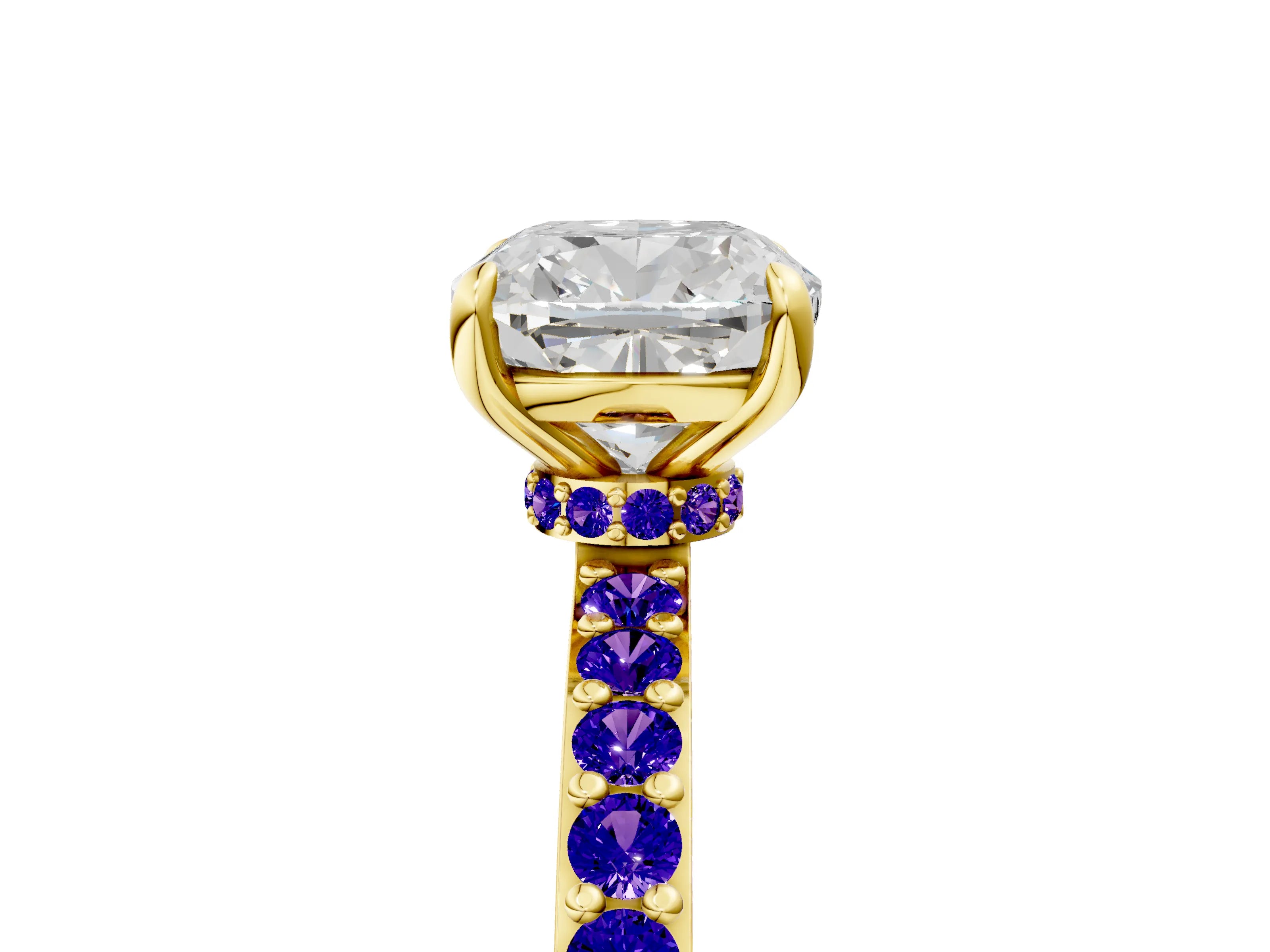 Yellow gold Cushion Cut Diamond Pavé Engagement Ring with Round with Tanzanite side stone Accents and Prong Setting_5