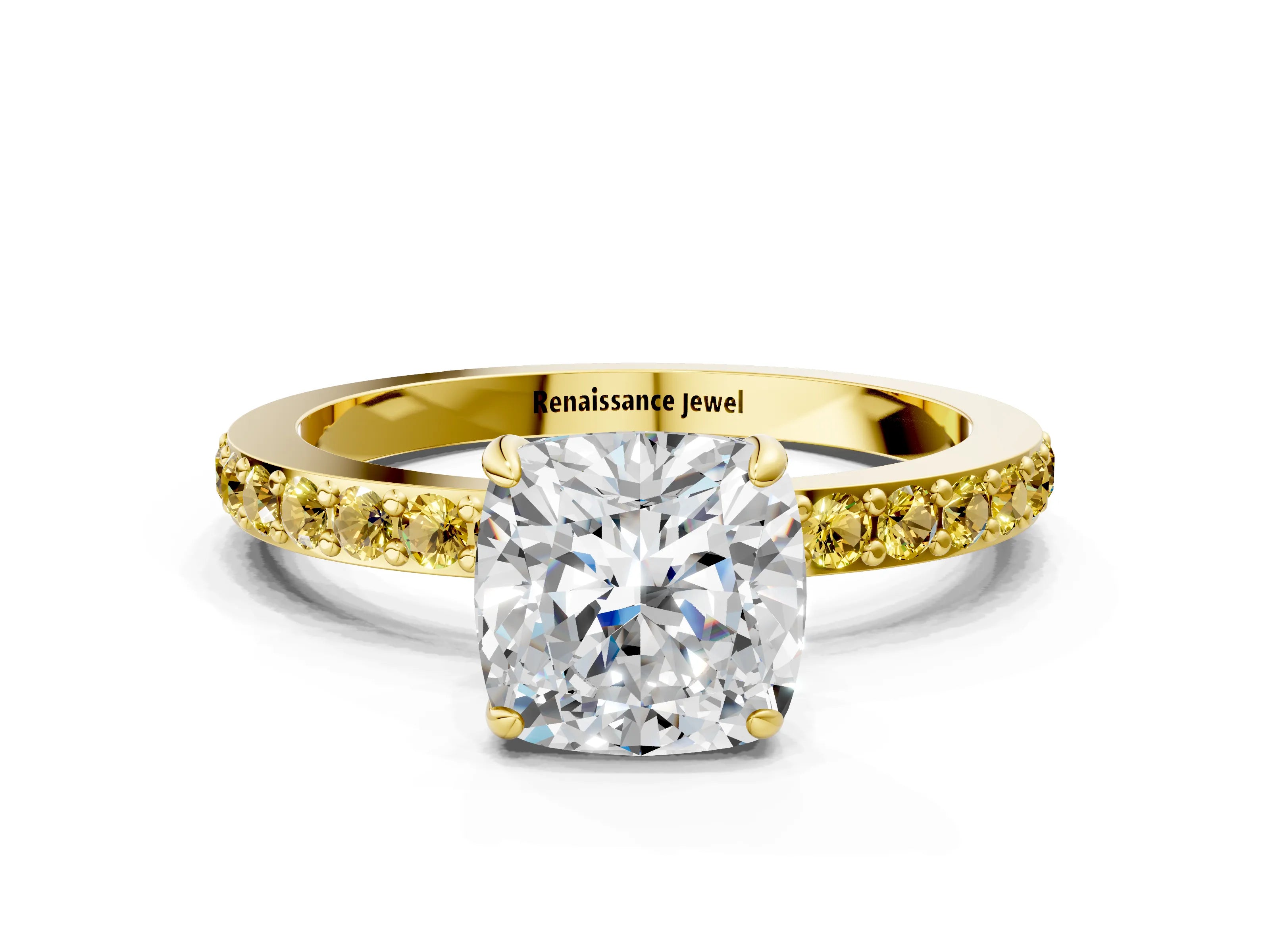 Yellow gold Cushion Cut Diamond Pavé Engagement Ring with Round with Yellow Sapphire side stone Accents and Prong Setting