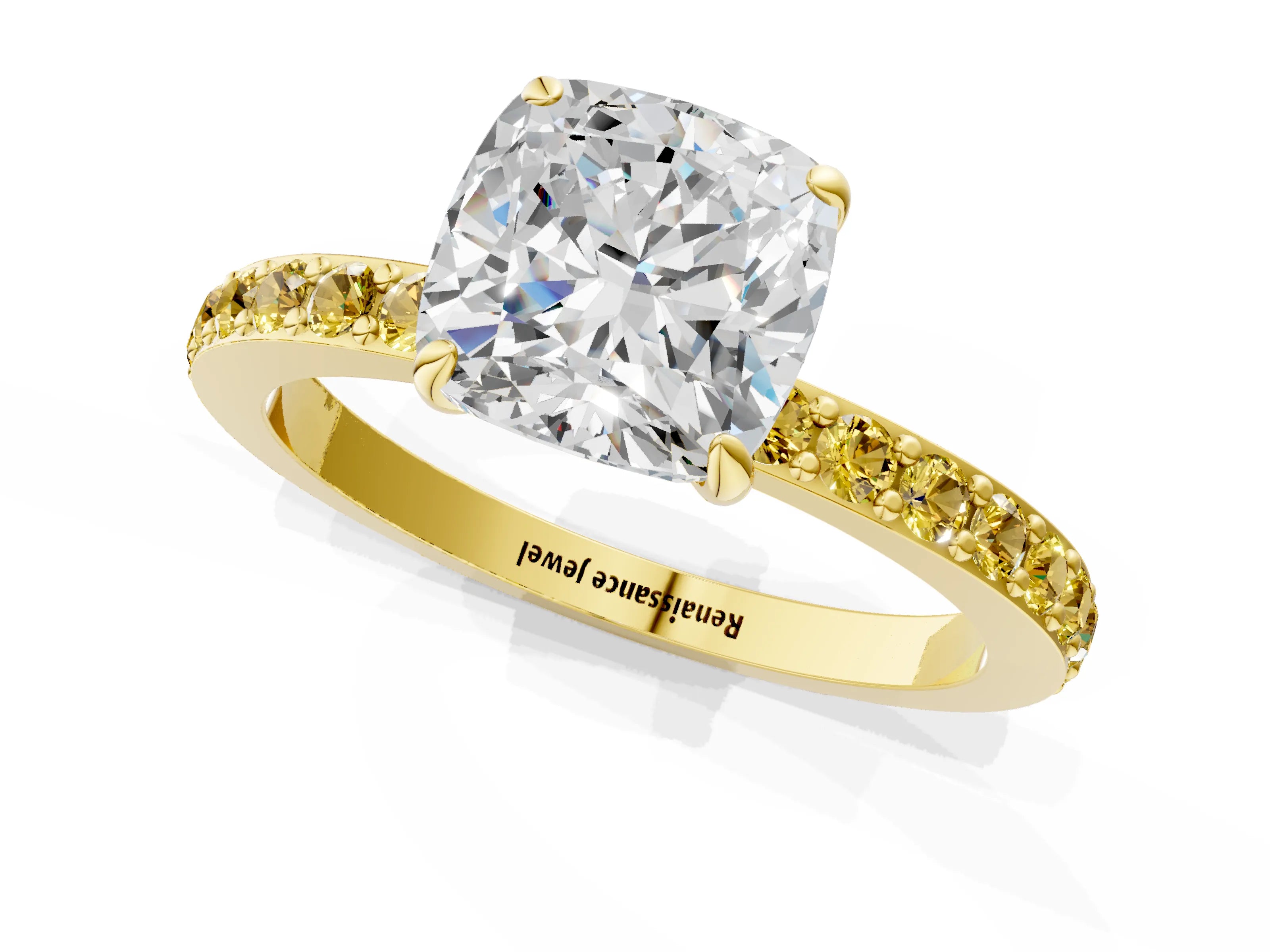 Yellow gold Cushion Cut Diamond Pavé Engagement Ring with Round with Yellow Sapphire side stone Accents and Prong Setting_1