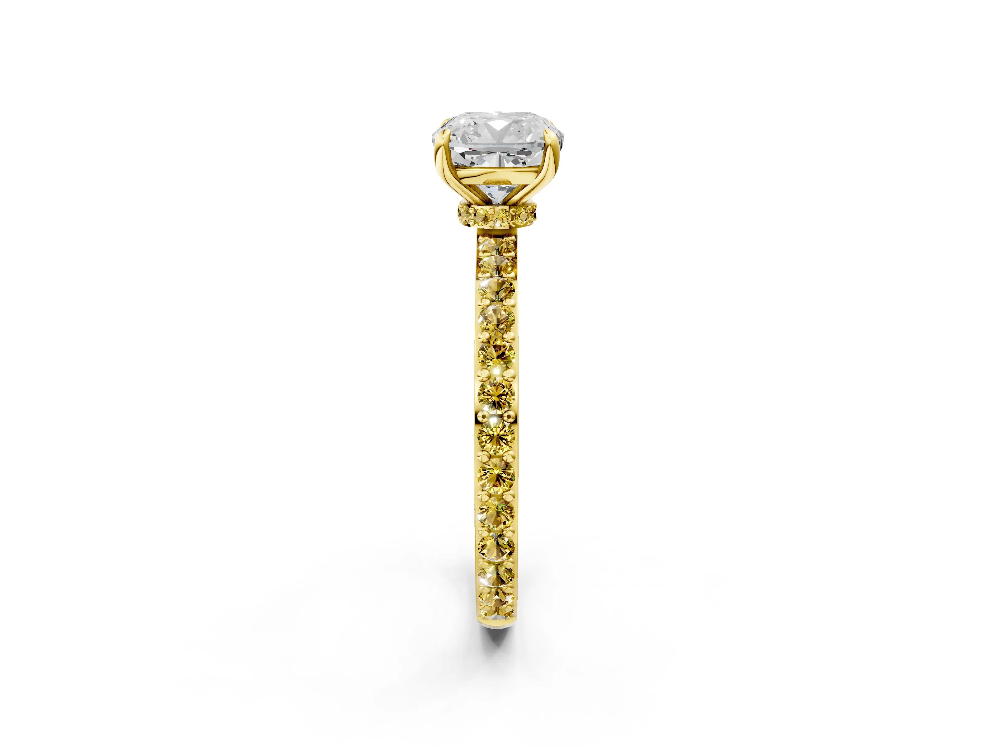 Yellow gold Cushion Cut Diamond Pavé Engagement Ring with Round with Yellow Sapphire side stone Accents and Prong Setting_2
