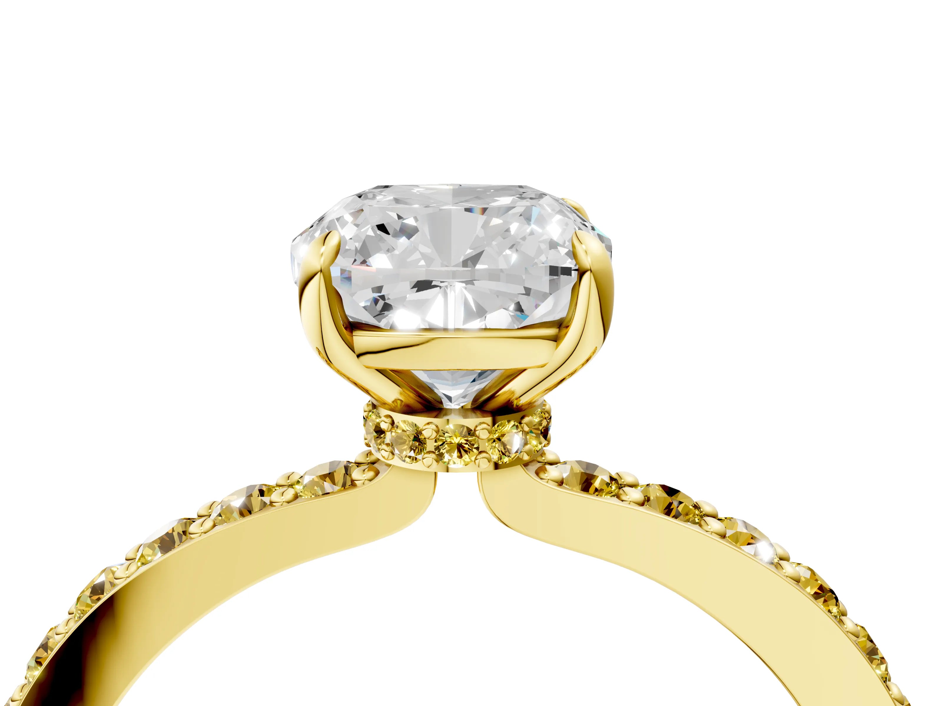 Yellow gold Cushion Cut Diamond Pavé Engagement Ring with Round with Yellow Sapphire side stone Accents and Prong Setting_4