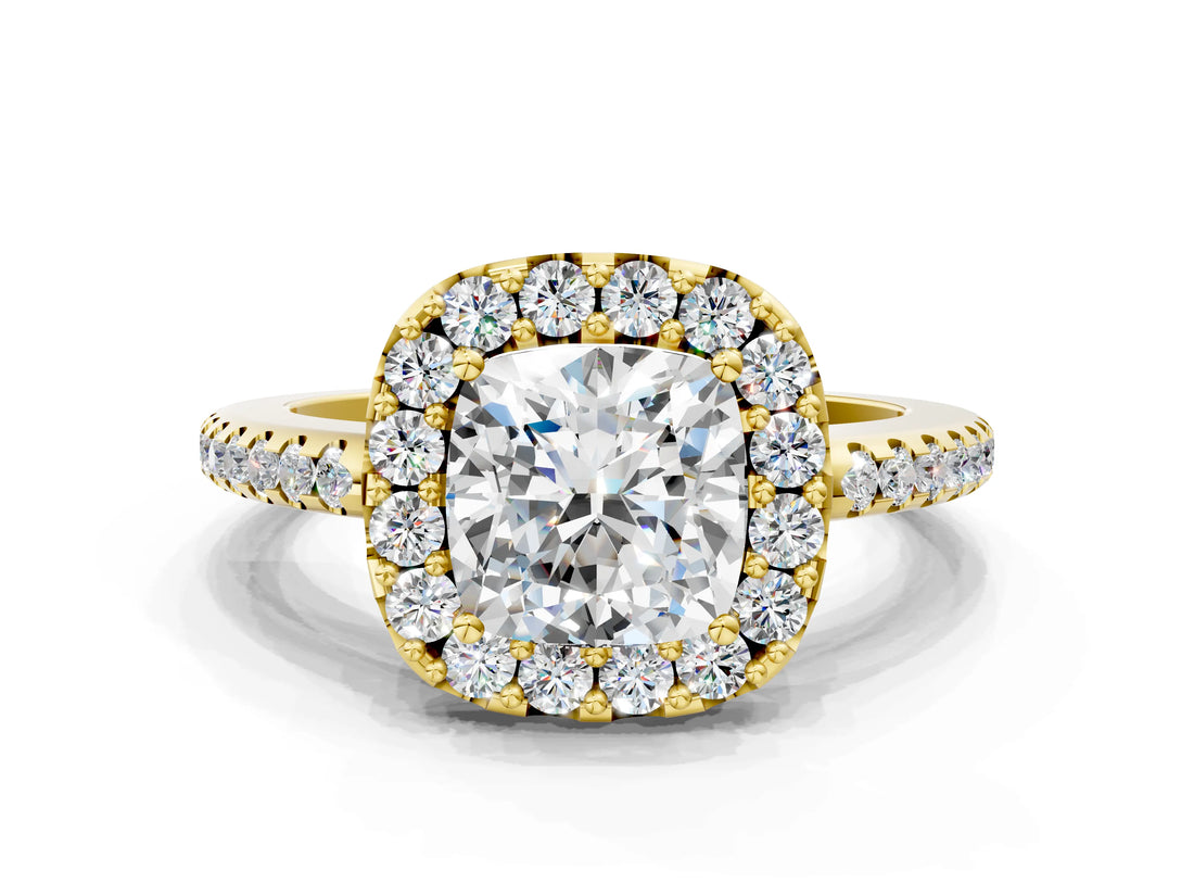 Yellow gold Cushion Cut Diamond Pavé Halo Ring with Four-Prong Setting_36
