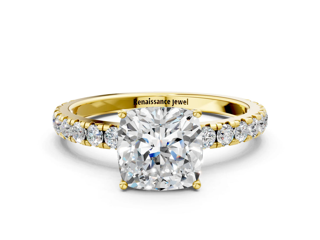 Yellow gold Cushion Cut Diamond Pavé Solitaire Engagement Ring with Four-Prong Setting_78