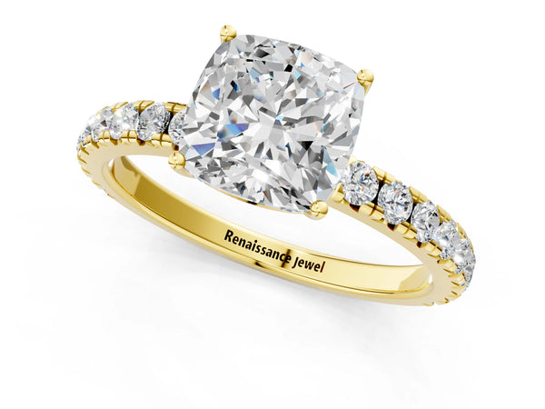 Yellow Gold Cushion Cut Solitaire Engagement Ring Setting with Large Shared Prong Pave Band
