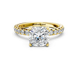 Yellow gold Cushion Cut Diamond Pavé Solitaire Ring with Round Band and Prong Setting_12