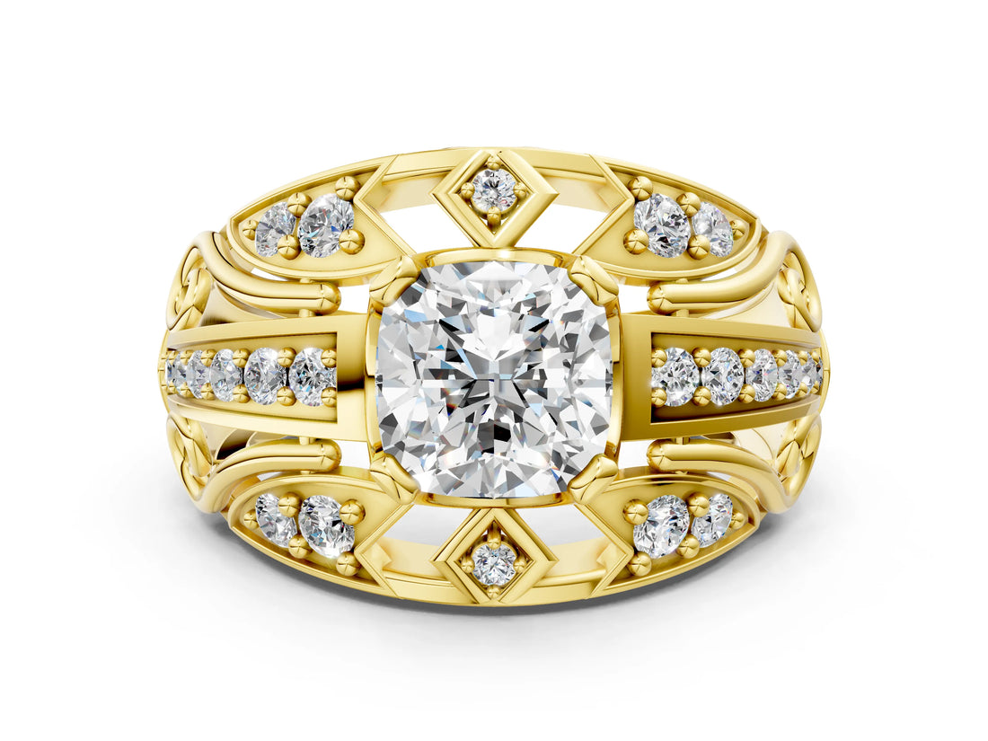 Yellow gold Cushion Cut Diamond Pave Art Deco Split Shank Ring with Four-Prong Setting_9
