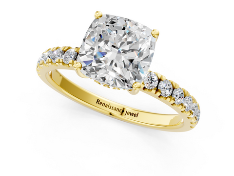 Yellow gold Cushion Cut Diamond Pave Band Solitaire Ring with Four-Prong Setting_51