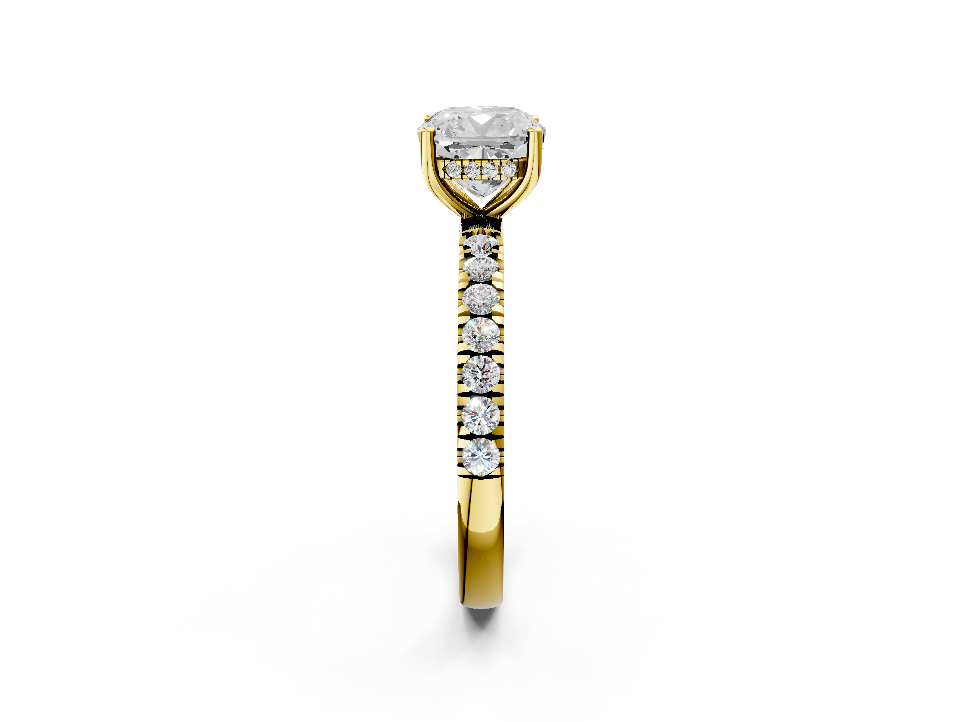 Yellow gold Cushion Cut Diamond Pave Band Solitaire Ring with Four-Prong Setting_52