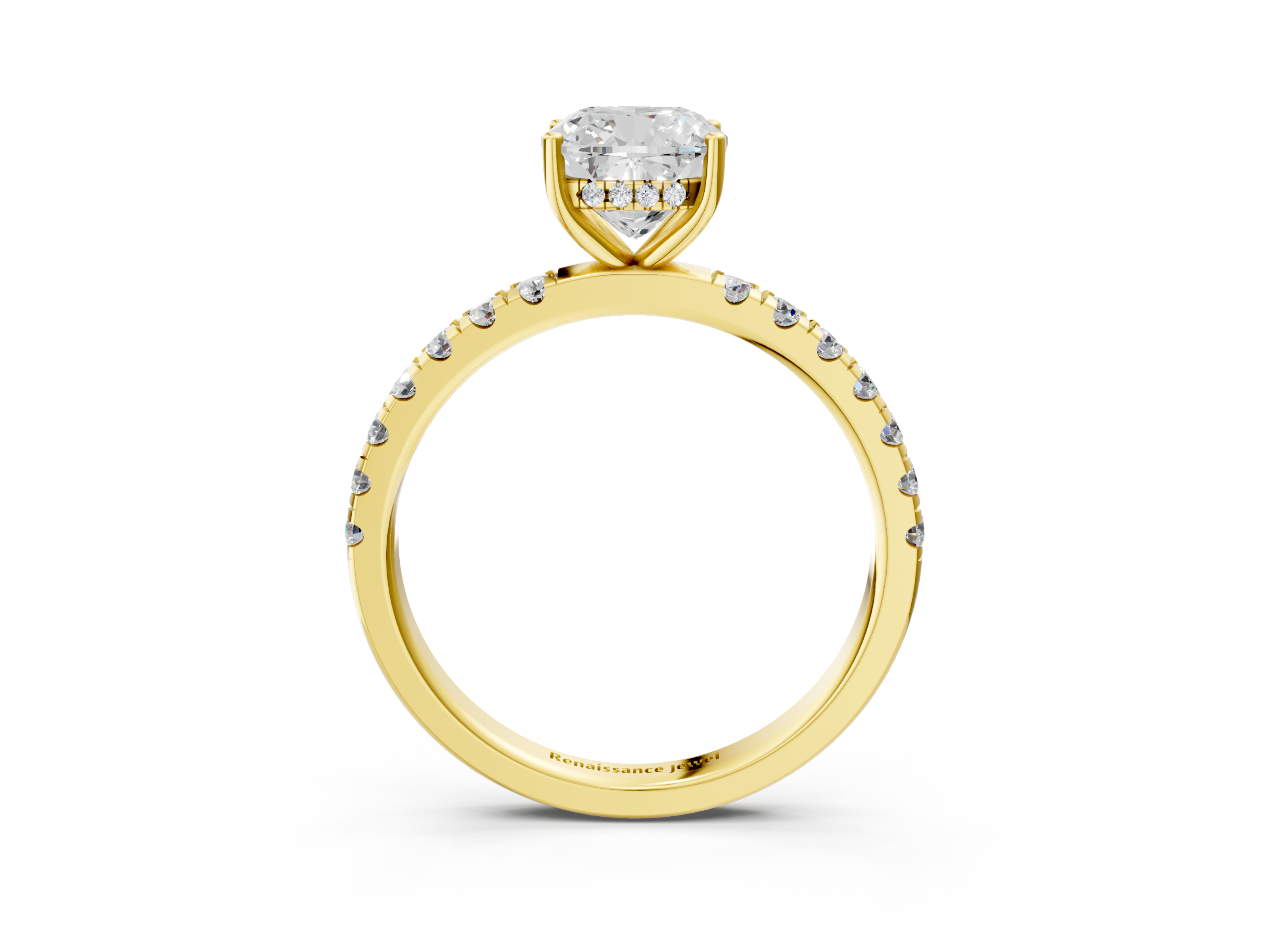 Yellow gold Cushion Cut Diamond Pave Band Solitaire Ring with Four-Prong Setting_53