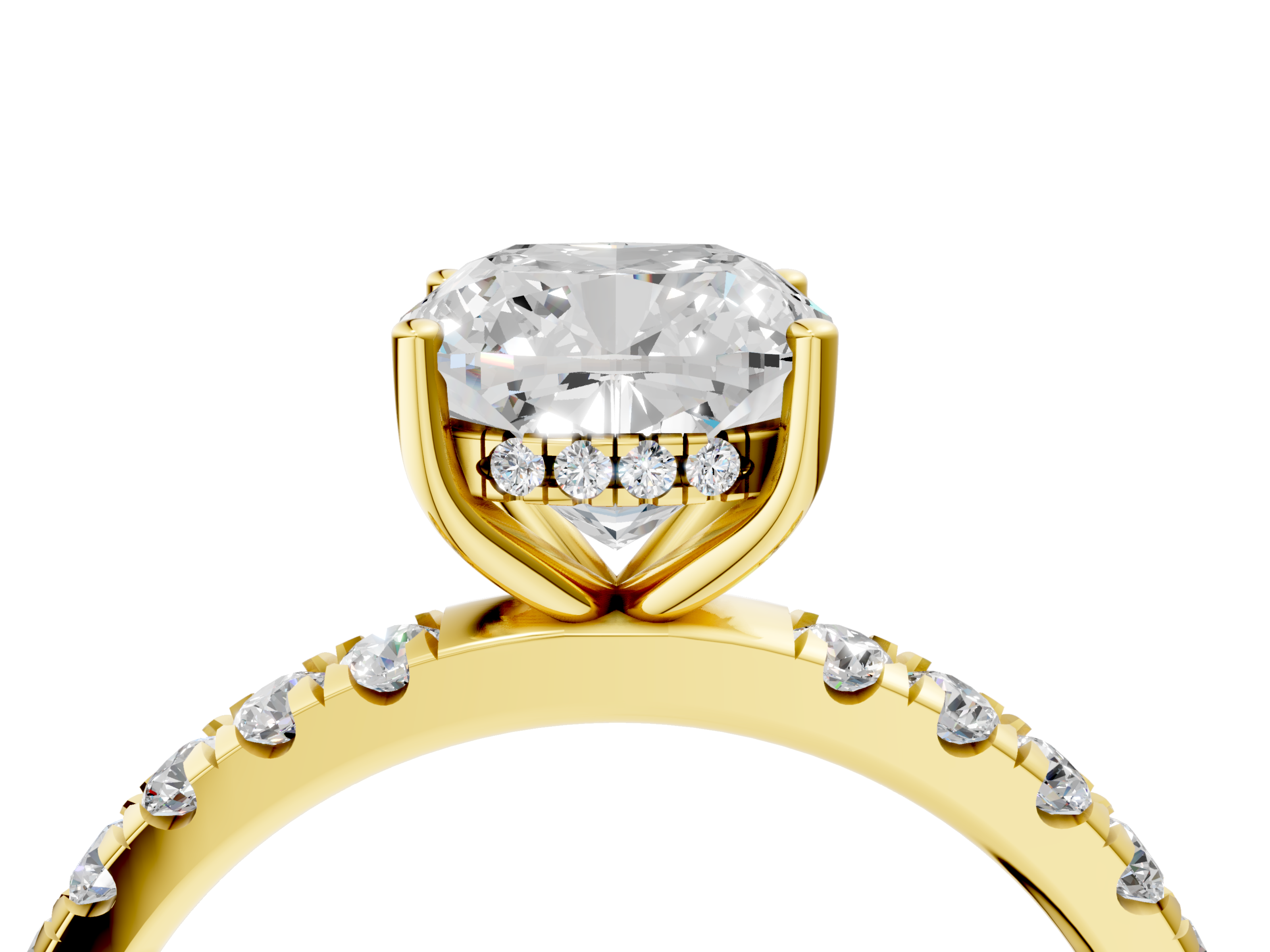 Yellow gold Cushion Cut Diamond Pave Band Solitaire Ring with Four-Prong Setting_54
