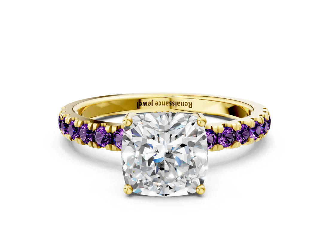 Yellow gold Cushion Cut Diamond Pave Band Solitaire Ring with Round with Amethyst side stone and Prong Setting