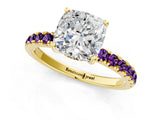 Yellow gold Cushion Cut Diamond Pave Band Solitaire Ring with Round with Amethyst side stone and Prong Setting_1